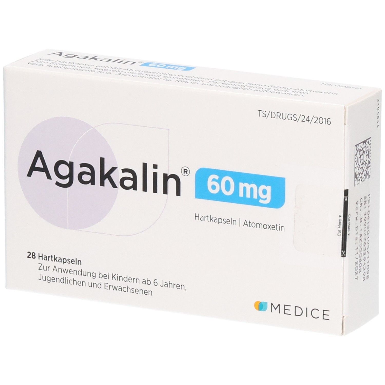 Agakalin 60 mg Hartkapseln Schachtel, 28 Stück. Enthält Atomoxetin. Medice Logo.