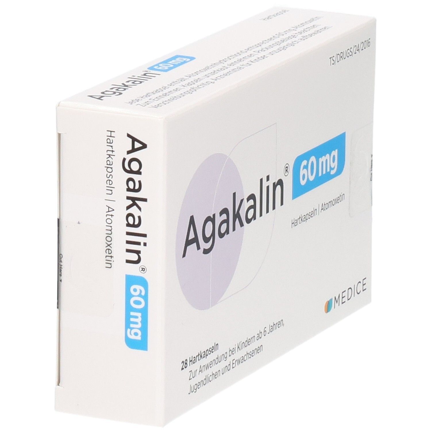Agakalin 60 mg Hartkapseln Schachtel, 28 Stück. Seitenansicht. Enthält Atomoxetin. Medice Logo.
