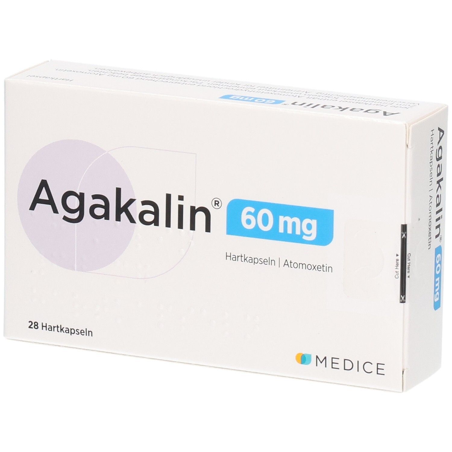 Agakalin 60 mg Hartkapseln Schachtel, 28 Stück. Vorder- und Seitenansicht. Enthält Atomoxetin. Medice Logo.
