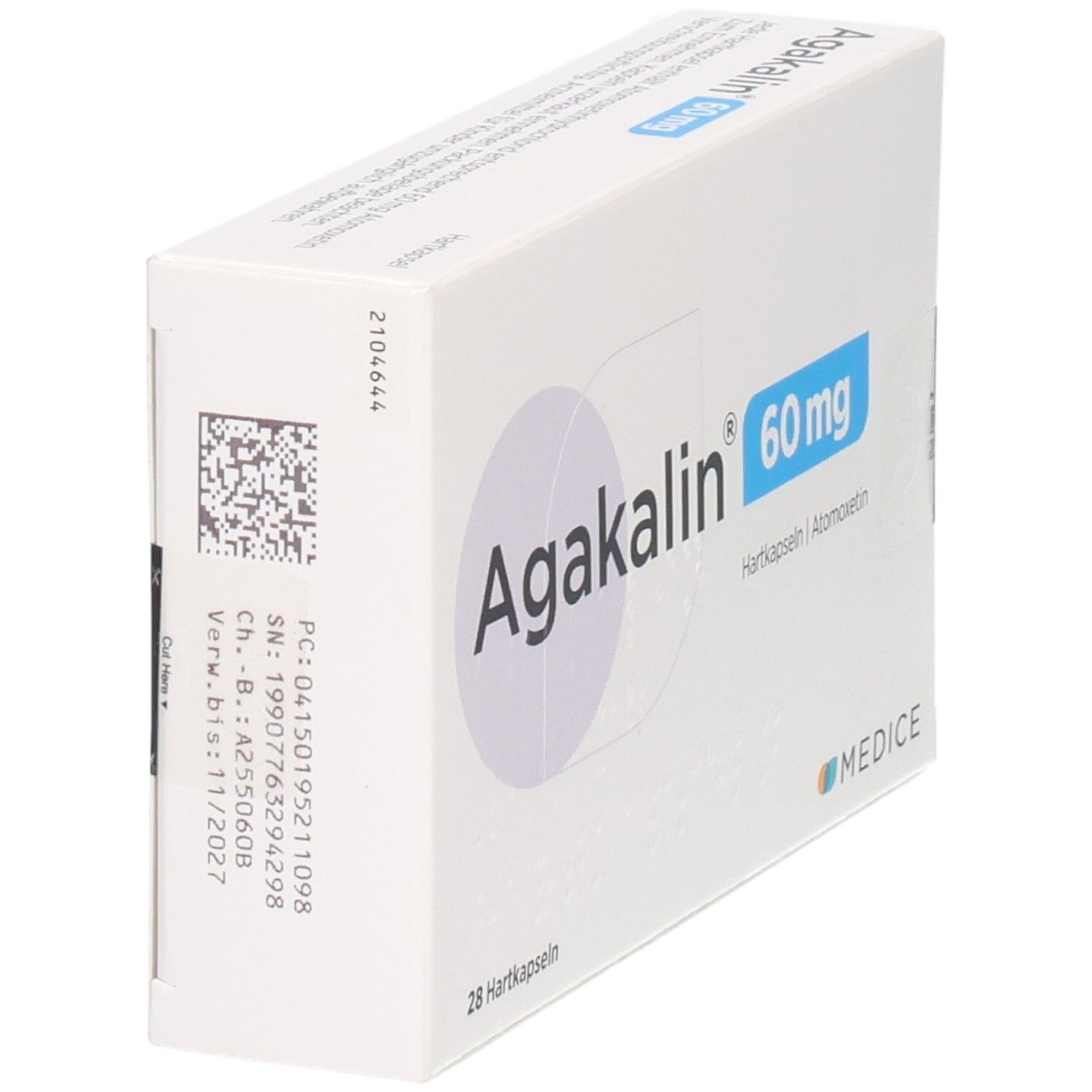 Agakalin 60 mg Hartkapseln Schachtel, 28 Stück. Rückseitenansicht mit Barcode und Chargennummer. Enthält Atomoxetin.