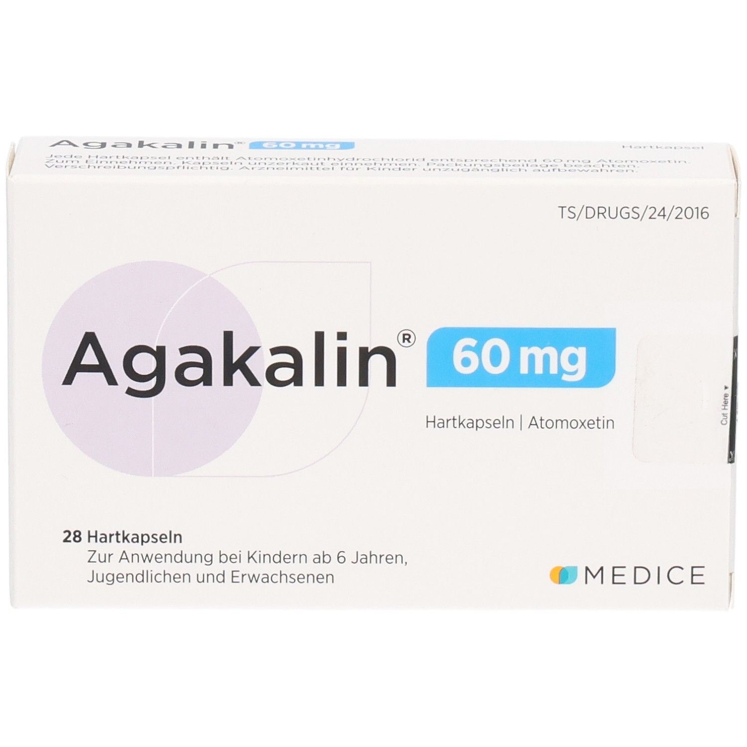 Agakalin 60 mg Hartkapseln Schachtel, 28 Stück. Enthält Atomoxetin. Medice Logo. Text zur Anwendung bei Kindern.