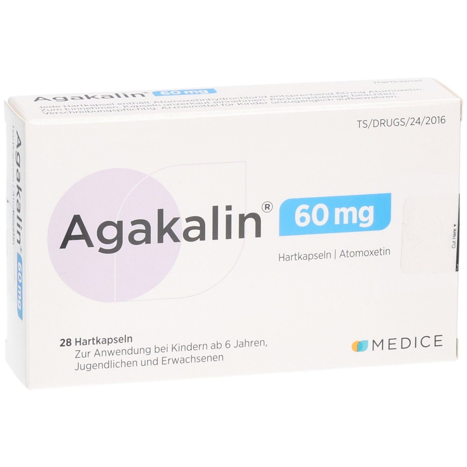 Agakalin 60 mg Hartkapseln Schachtel, 28 Stück. Vorderansicht. Enthält Atomoxetin. Medice Logo.