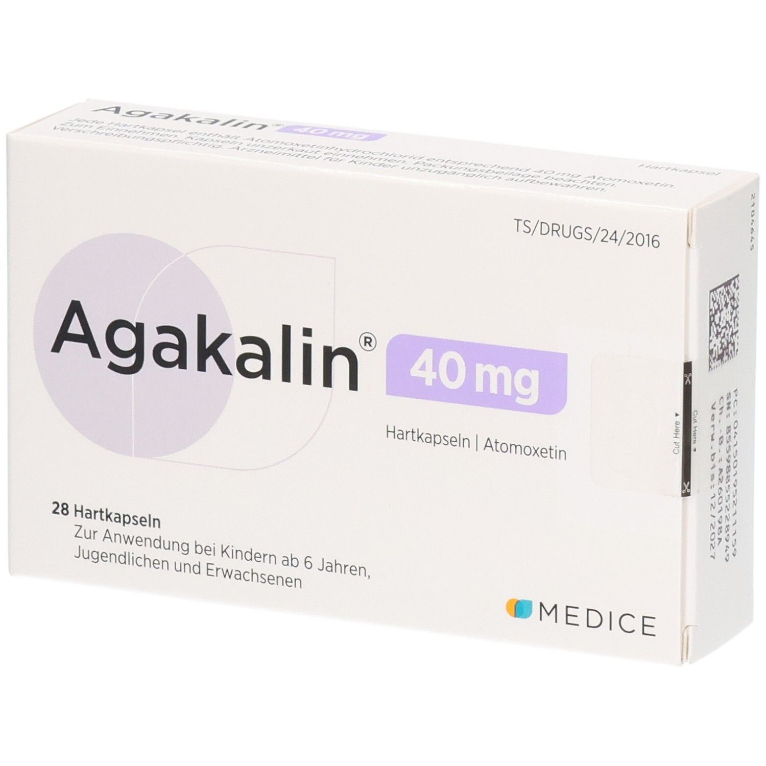 Agakalin 40 mg Hartkapseln Schachtel, 28 Stück, mit Aufdruck 'Zur Anwendung bei Kindern ab 6 Jahren, Jugendlichen und Erwachsenen'.