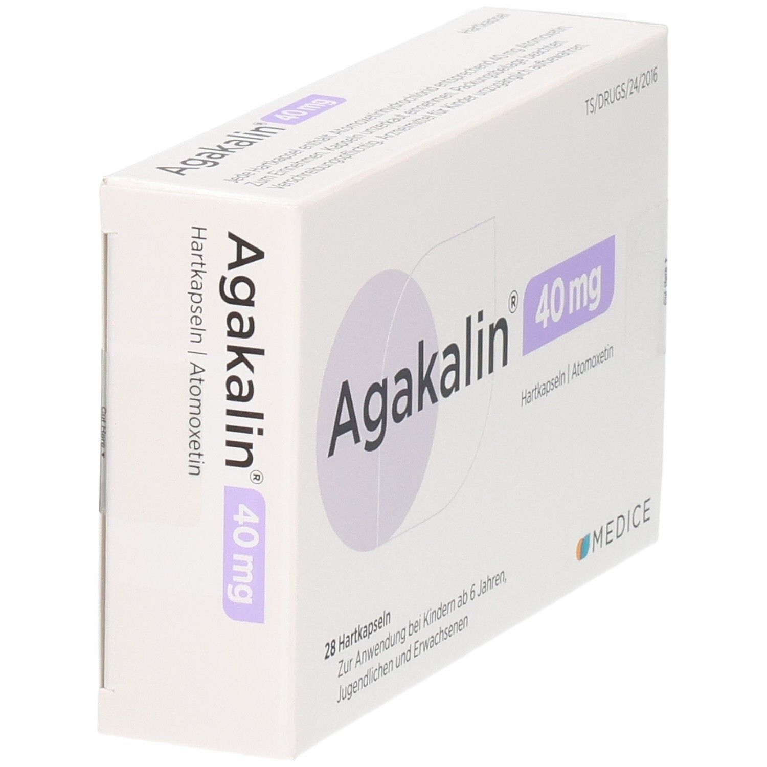 Agakalin 40 mg Hartkapseln Schachtel, 28 Stück, von der Seite betrachtet.