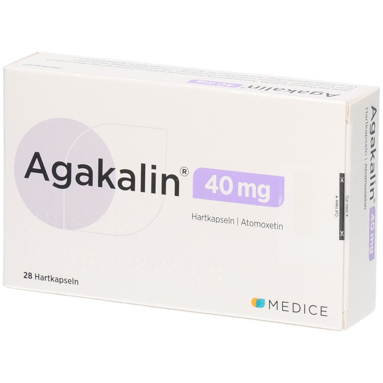 Agakalin 40 mg Hartkapseln Schachtel, 28 Stück, mit Aufdruck 'Zur Anwendung bei Kindern ab 6 Jahren, Jugendlichen und Erwachsenen'.
