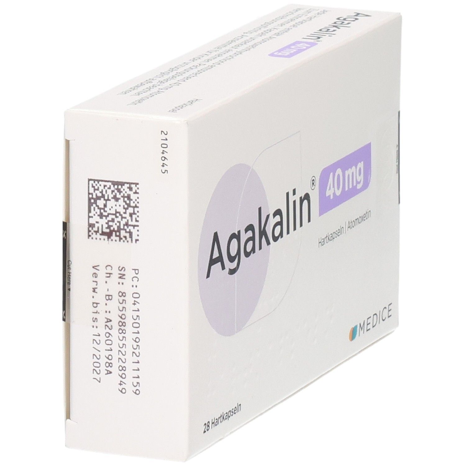 Agakalin 40 mg Hartkapseln Schachtel, 28 Stück, mit seitlichem Aufdruck und Barcode.