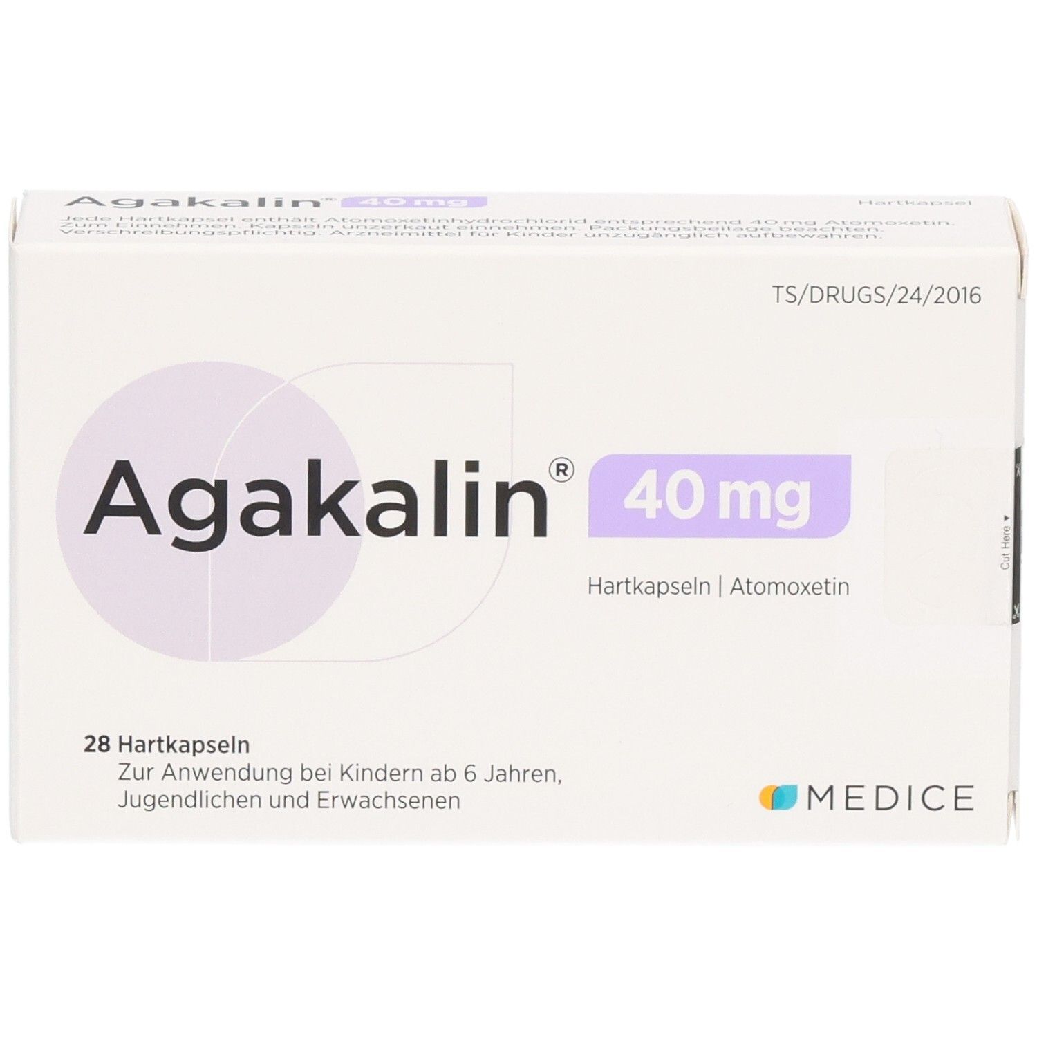 Agakalin 40 mg Hartkapseln Schachtel, 28 Stück, mit Aufdruck 'Zur Anwendung bei Kindern ab 6 Jahren, Jugendlichen und Erwachsenen'.