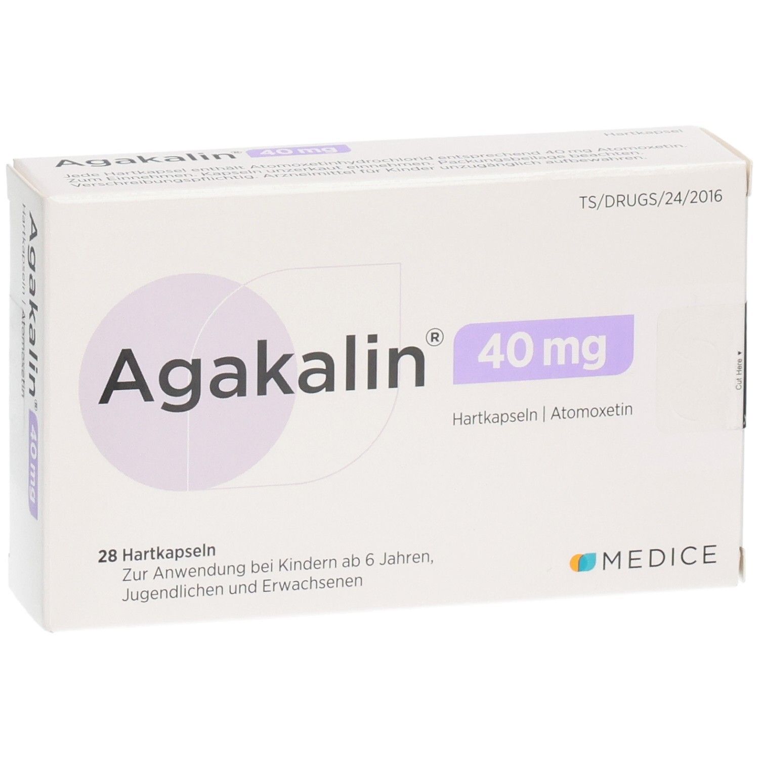 Agakalin 40 mg Hartkapseln Schachtel, 28 Stück, mit Aufdruck 'Zur Anwendung bei Kindern ab 6 Jahren, Jugendlichen und Erwachsenen'.