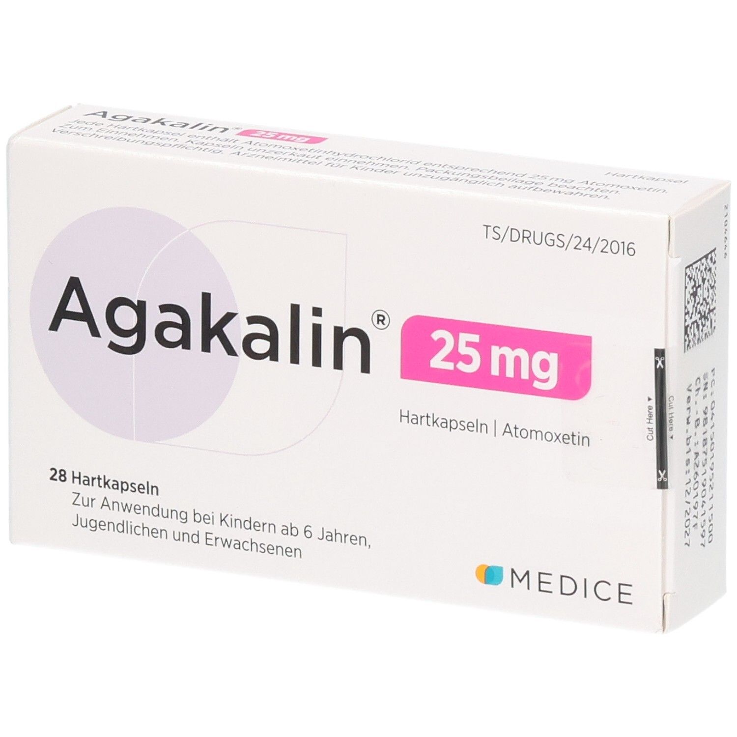 Agakalin 25 mg Hartkapseln Verpackung mit 28 Kapseln.