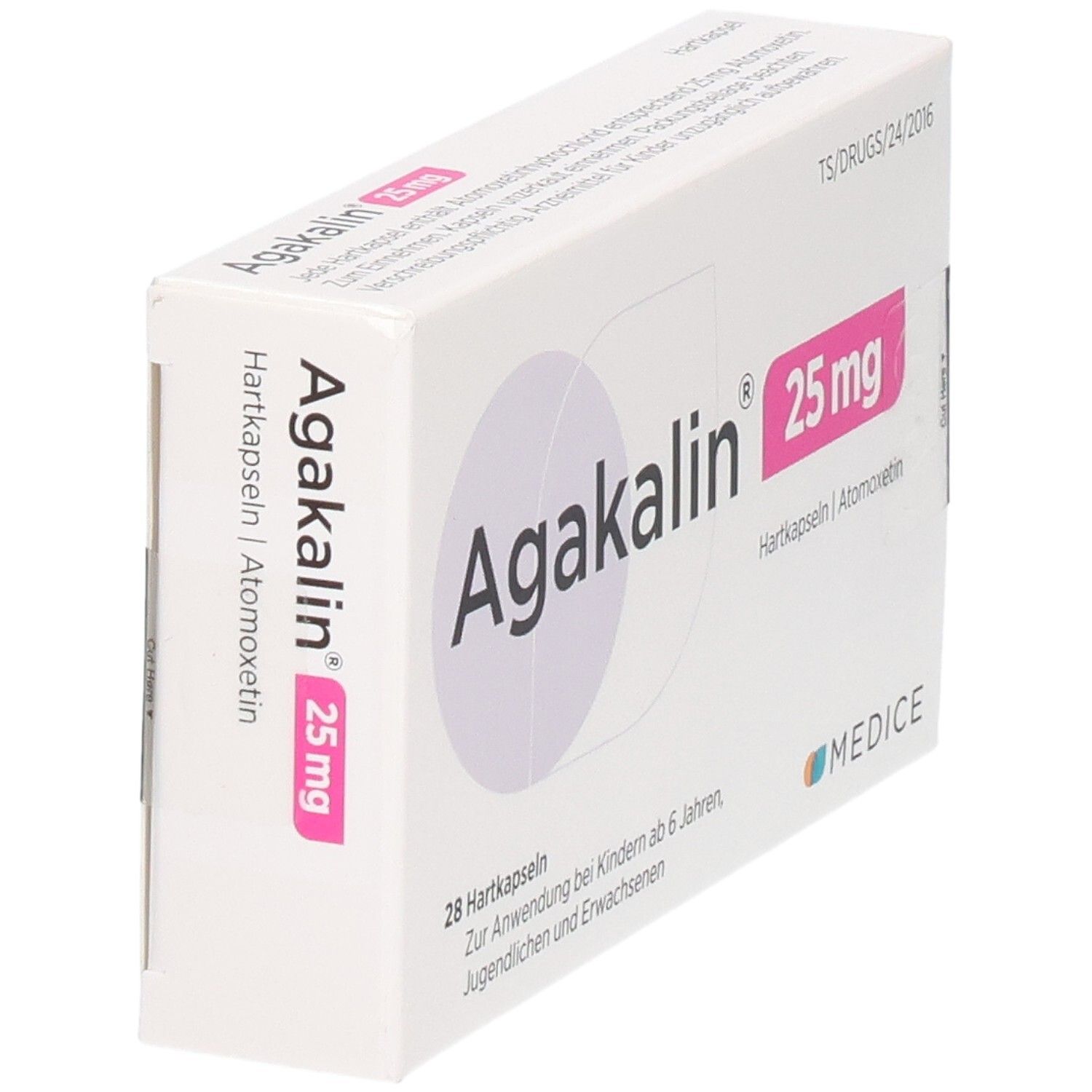 Agakalin 25 mg Hartkapseln Verpackung, seitliche Ansicht.