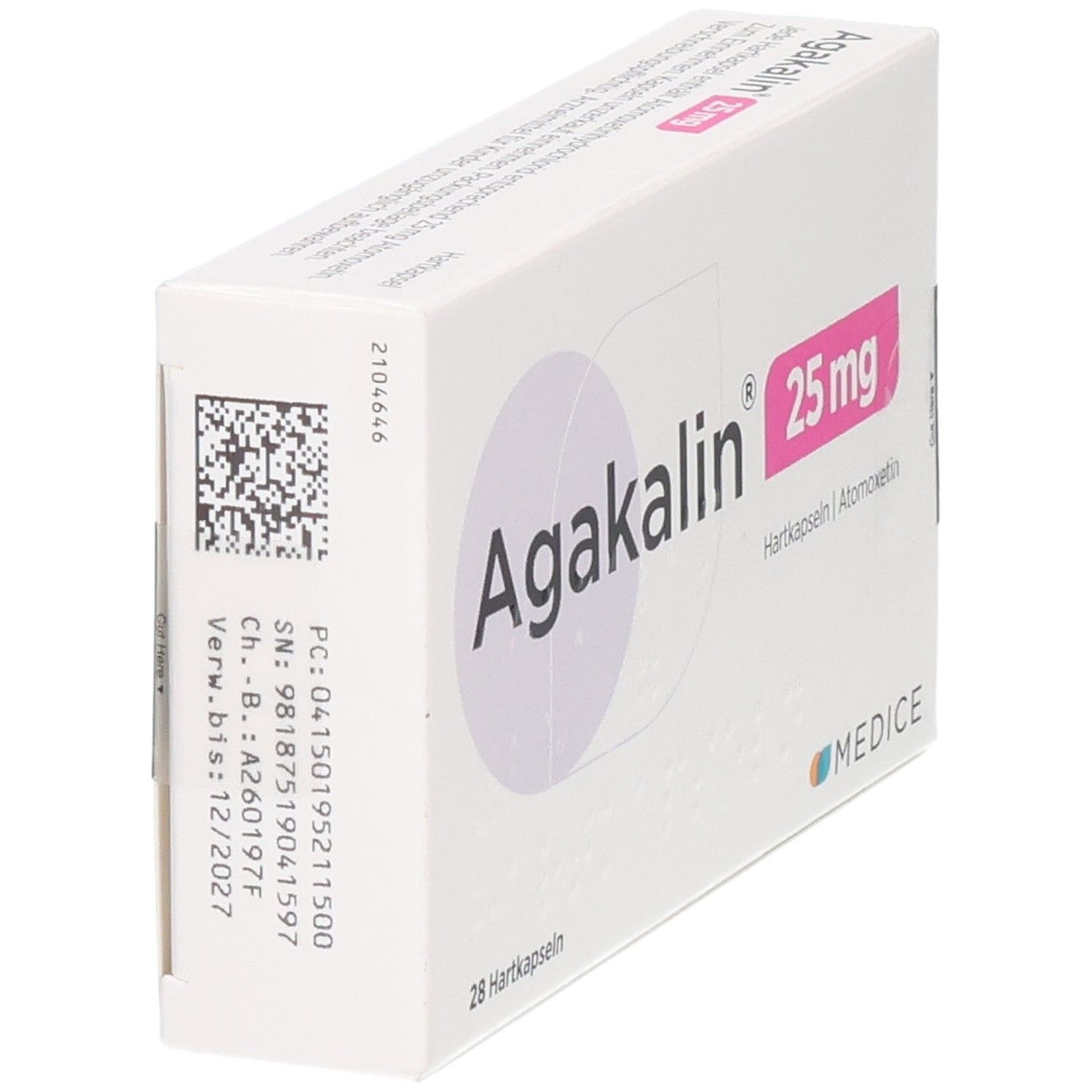 Agakalin 25 mg Hartkapseln Verpackung mit Chargennummer und Verfallsdatum.
