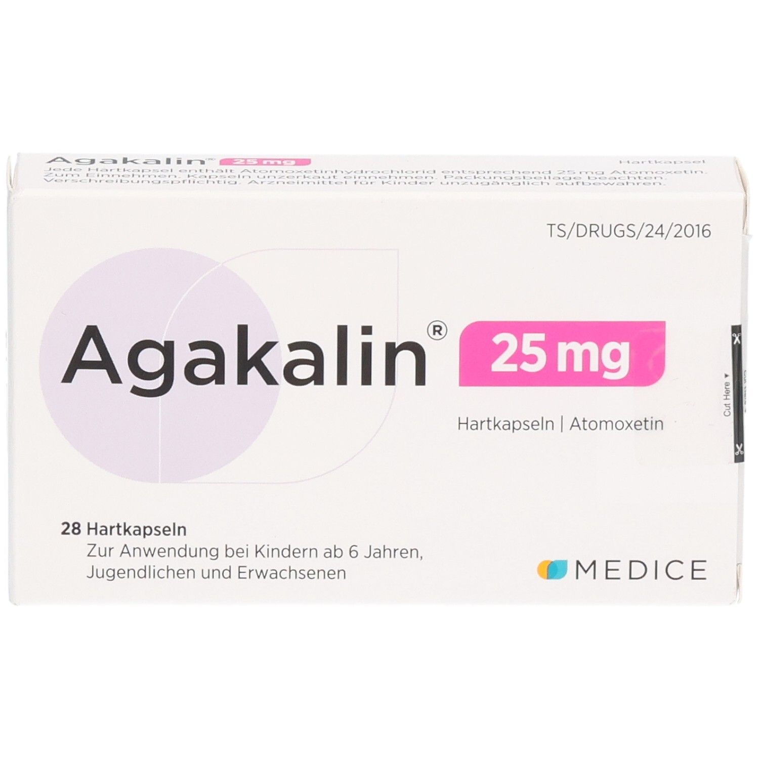 Agakalin 25 mg Hartkapseln Verpackung, Vorderseite mit Medice Logo.