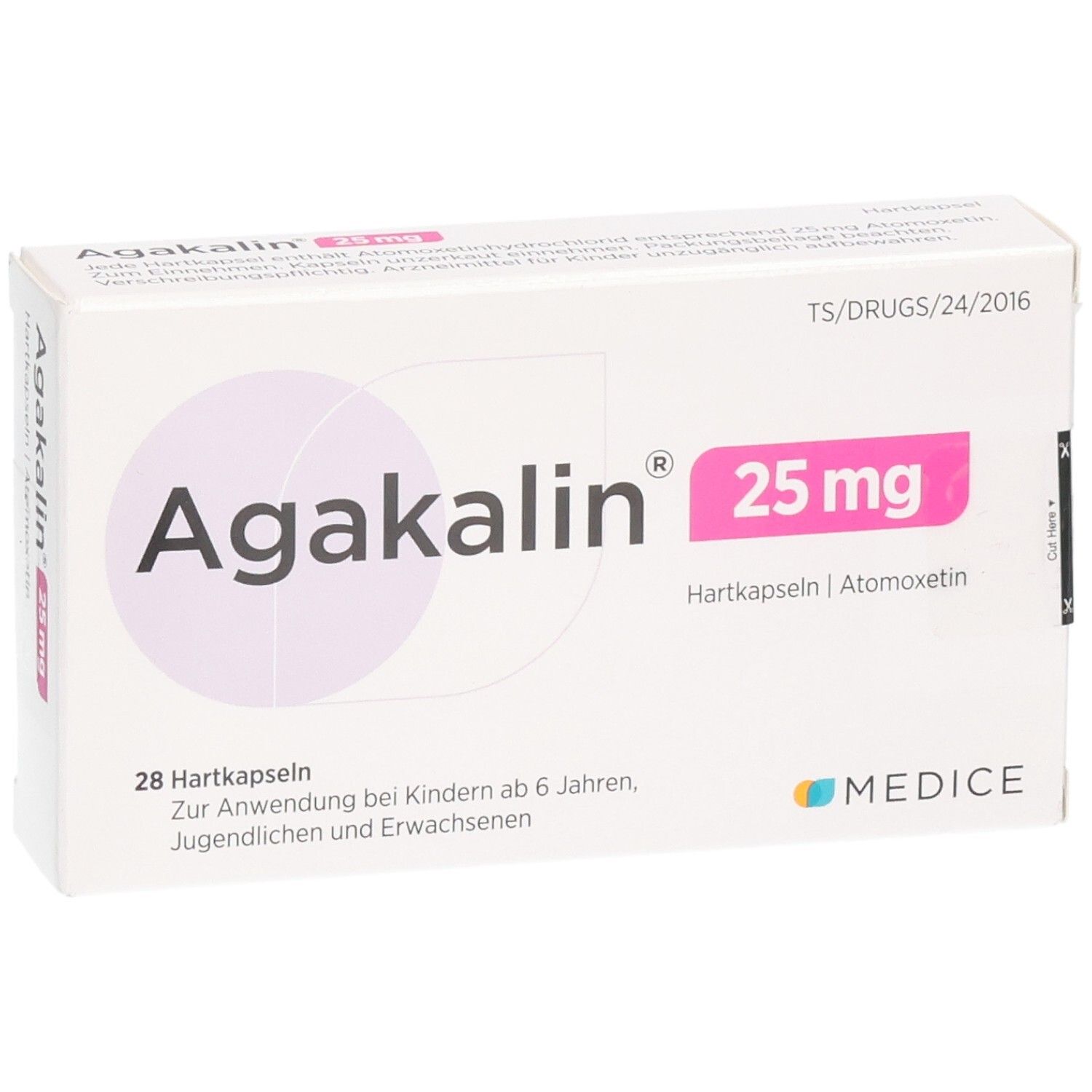 Agakalin 25 mg Hartkapseln Verpackung, leicht schräg von vorne.