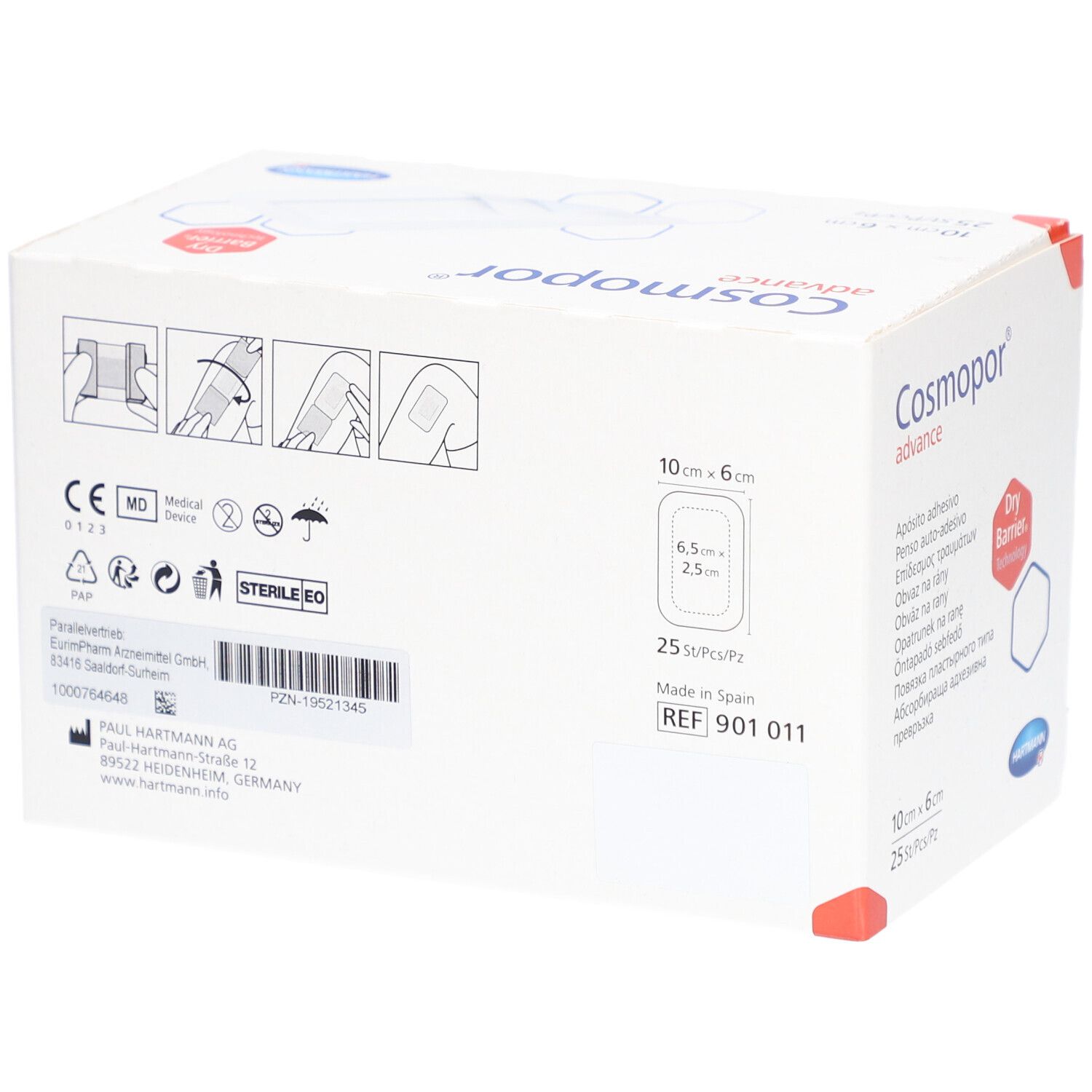 Rückseite Cosmopor Advance Wundverband-Packung. CE-Kennzeichnung, steril, 10cm x 6cm, 25 Stück.