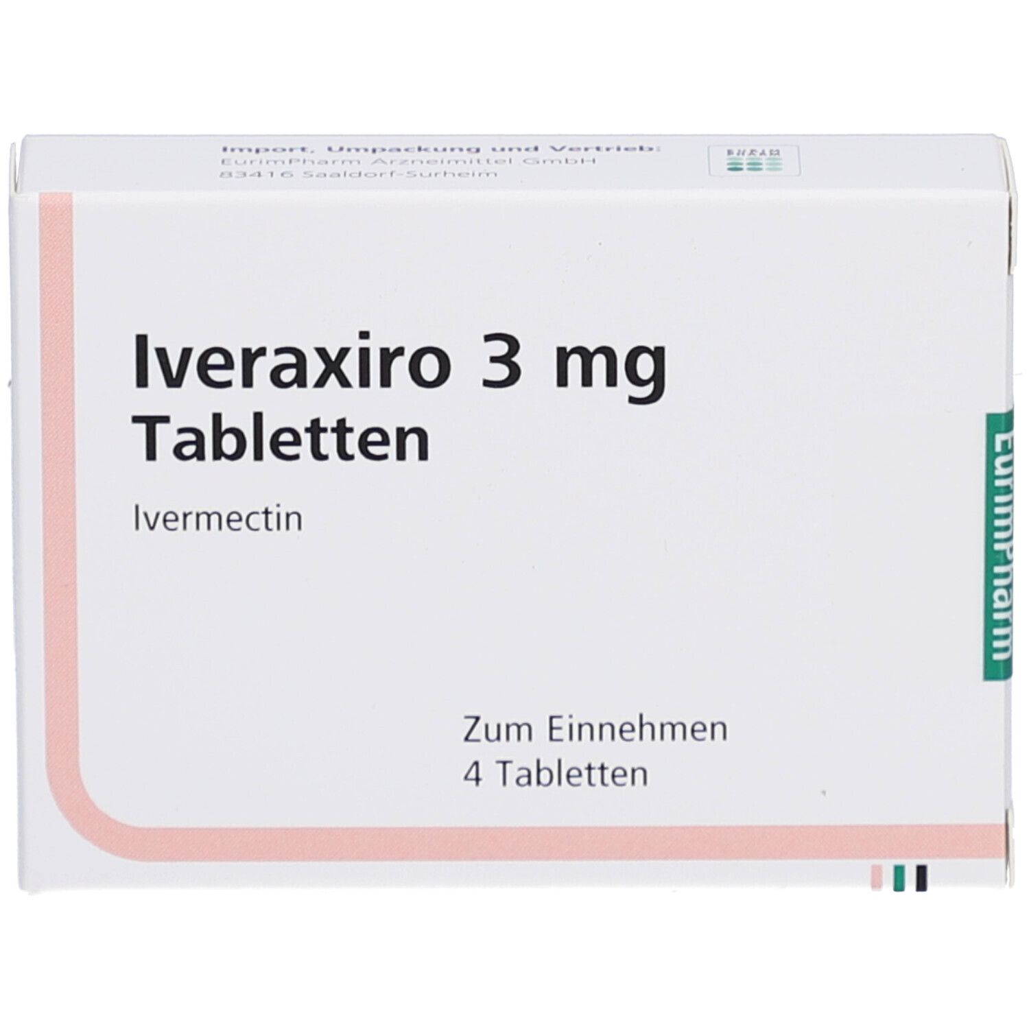Weiße Schachtel mit Aufschrift Iveraxiro 3 mg Tabletten. Enthält 4 Tabletten. Hersteller EurimPharm.