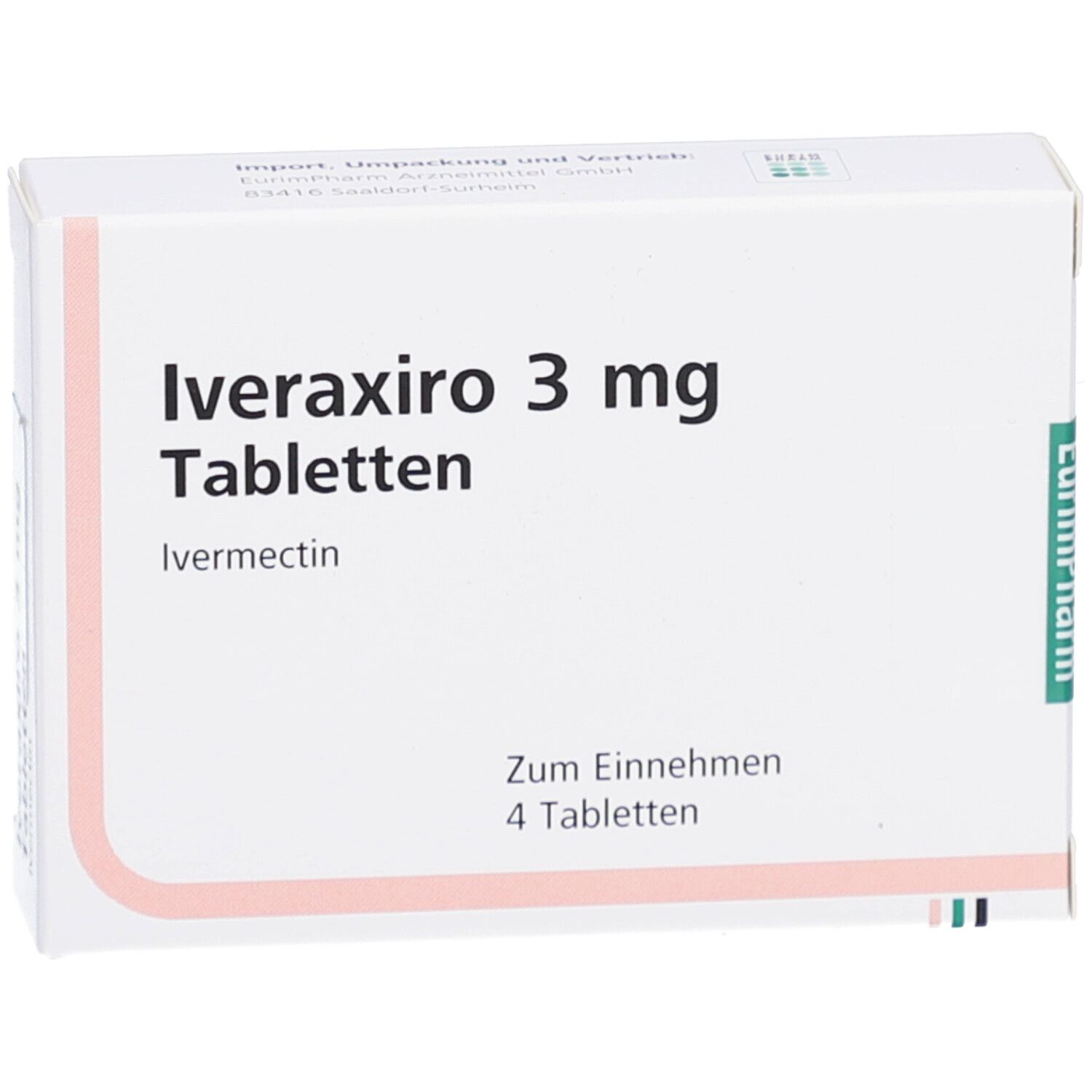 Weiße Schachtel mit Aufschrift Iveraxiro 3 mg Tabletten. Enthält 4 Tabletten. Hersteller EurimPharm.