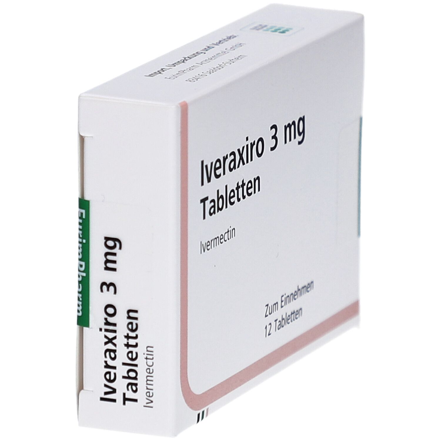 Schachtel Iveraxiro 3 mg Tabletten. Aufschrift: Ivermectin. Hersteller EurimPharm. Seitenansicht.