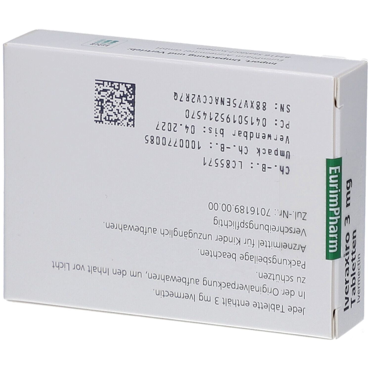 Rückseite der Schachtel mit Iveraxiro 3 mg Tabletten. Textinformationen und Barcode. Hersteller EurimPharm.