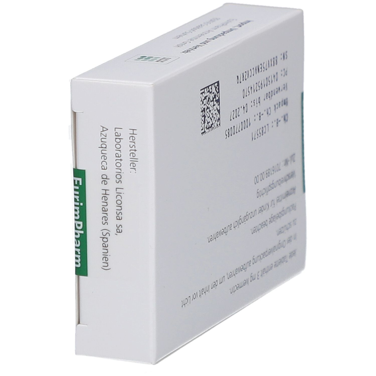 Seitenansicht der Schachtel mit Iveraxiro 3 mg Tabletten. Textinformationen und Barcode. Hersteller EurimPharm.
