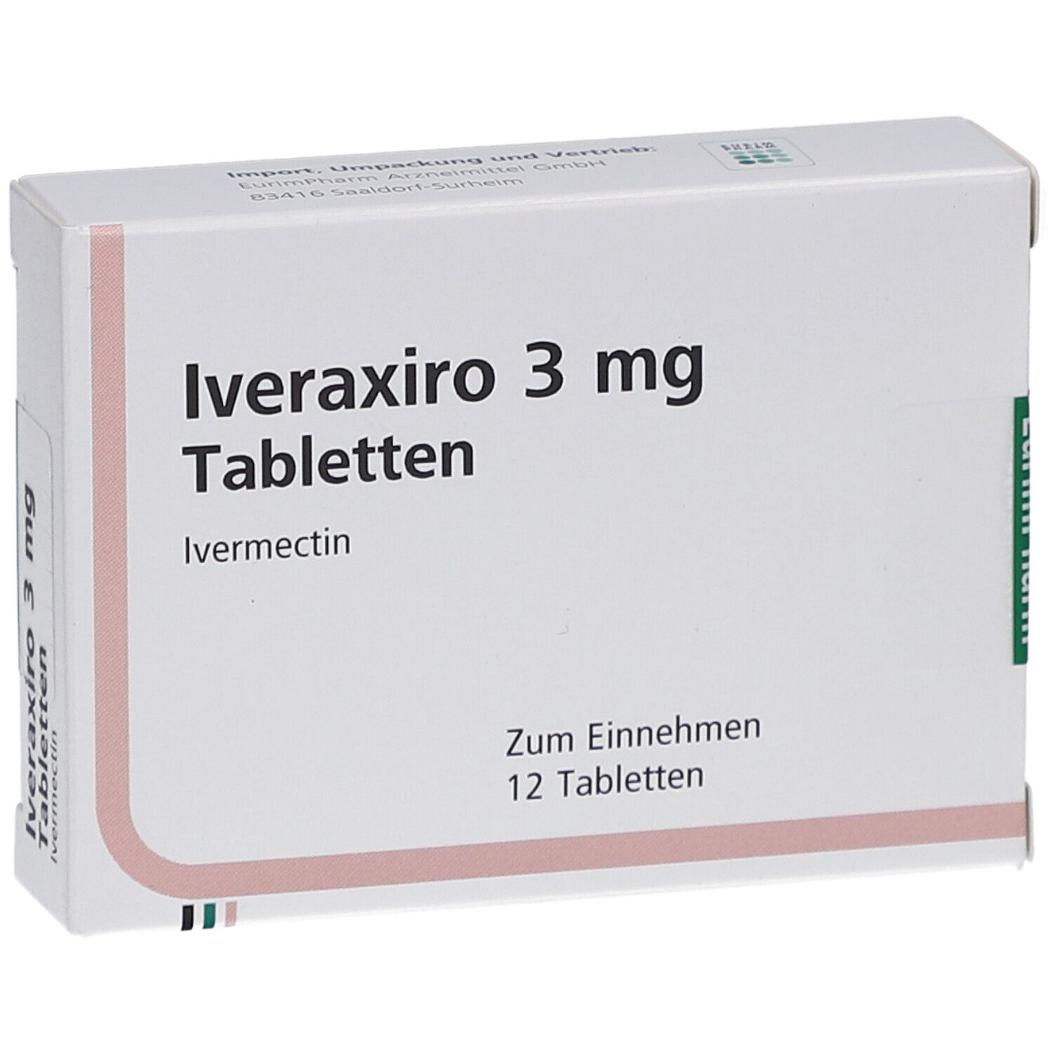 Schachtel mit Iveraxiro 3 mg Tabletten. Aufschrift: Ivermectin, 12 Tabletten. Hersteller EurimPharm.