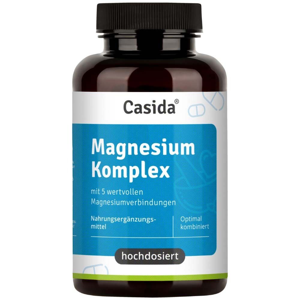 Braune Flasche mit blauem Etikett. Aufschrift: Magnesium Komplex, hochdosiert. Marke: Casida.