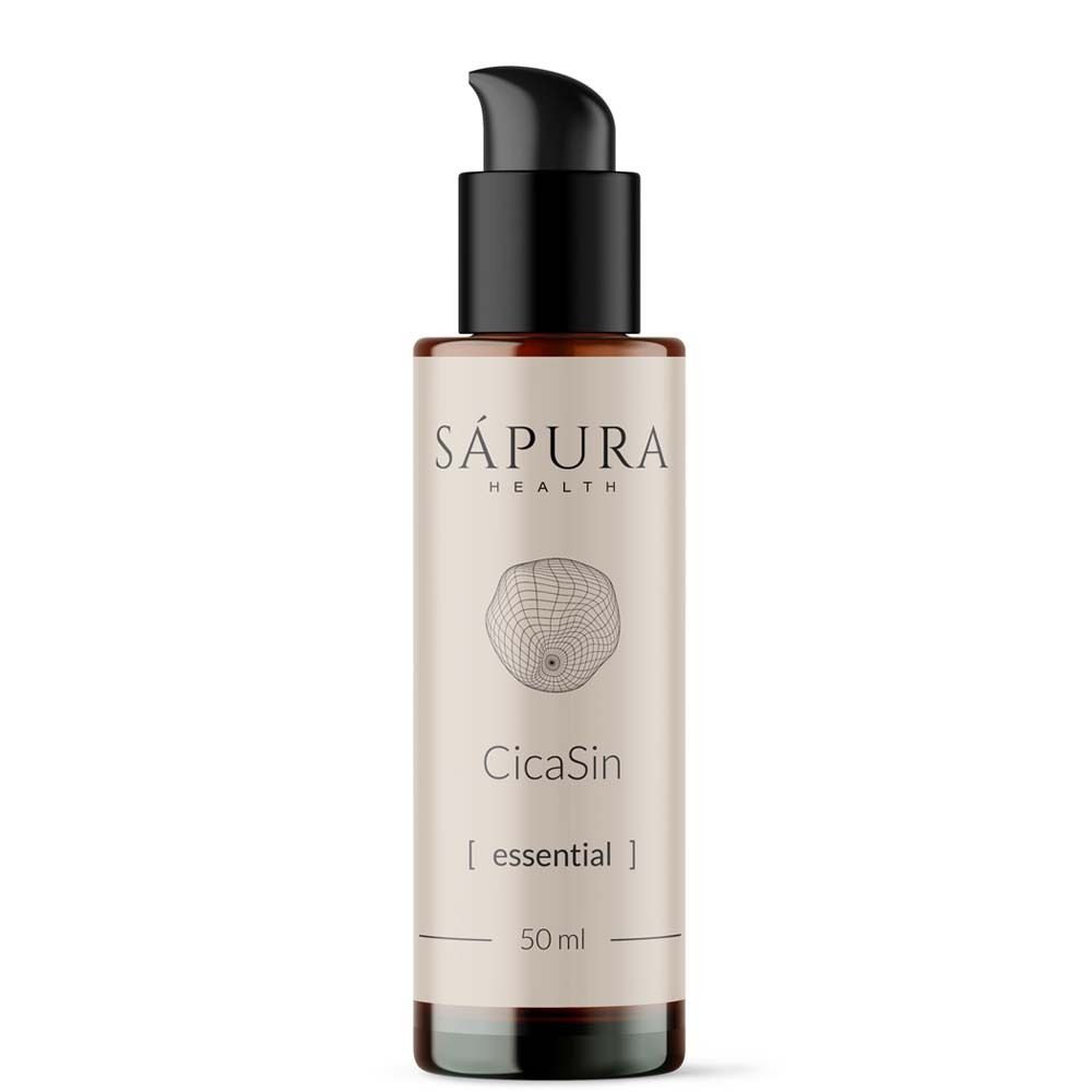 Braune Flasche mit schwarzem Pumpkopf. Aufschrift: SAPURA HEALTH, CicaSin [essential], 50 ml.