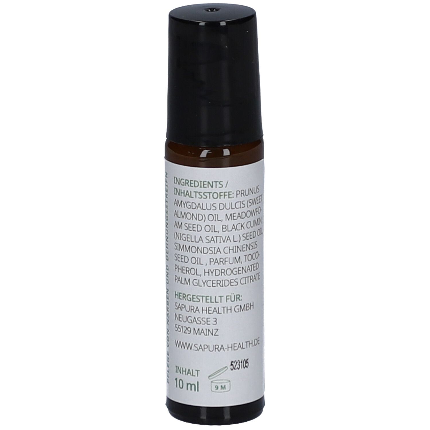 Roll-on-Flasche mit schwarzem Deckel. Aufschrift: Inhaltsstoffe. Enthält Prunus Amygdalus Dulcis Oil, Meadowfoam Seed Oil, u.a. Marke: sapura.
