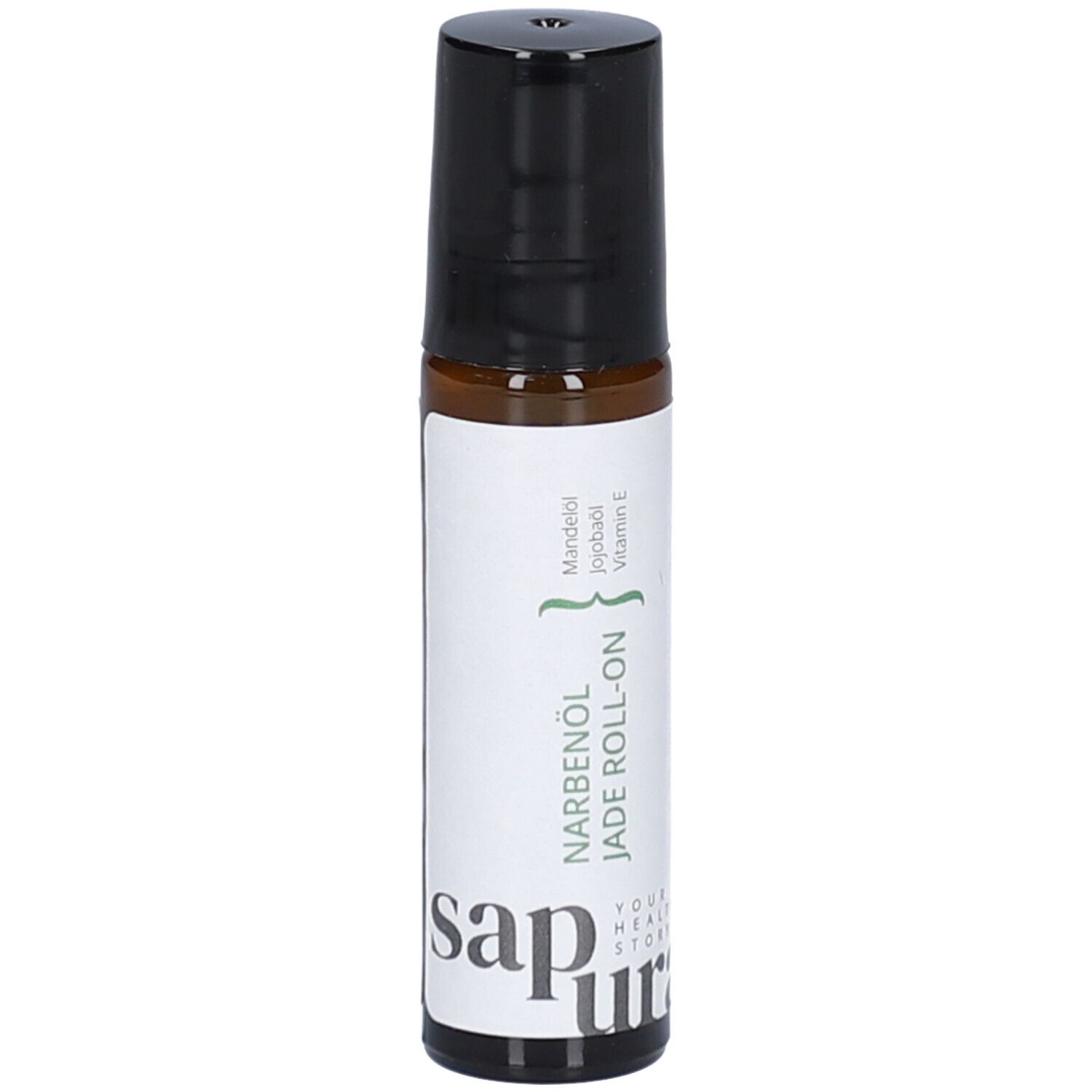 Roll-on-Flasche mit schwarzem Deckel. Aufschrift: Narbenöl Jade Roll-on. Enthält Mandelöl, Jojobaöl, Vitamin E. Marke: sapura.