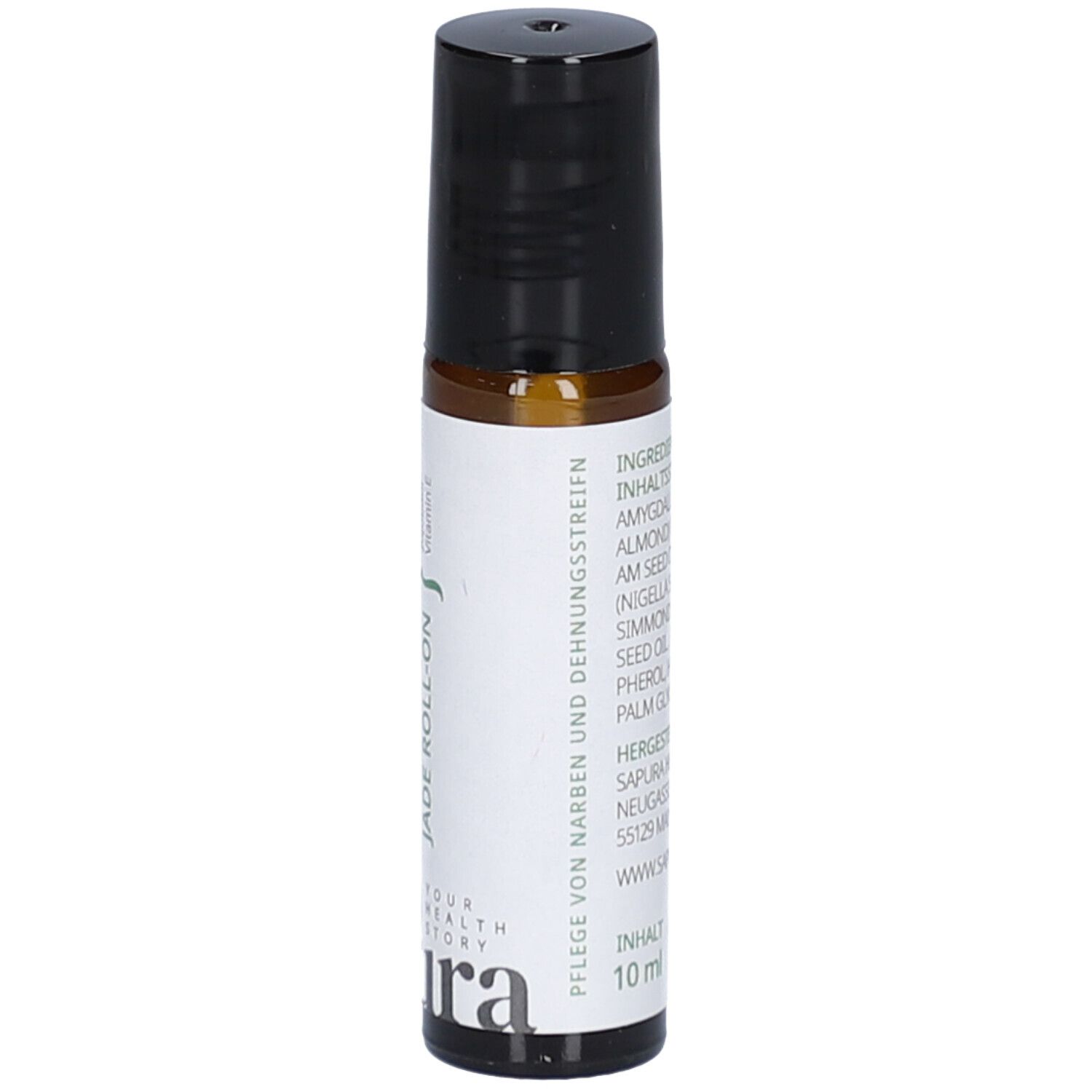 Roll-on-Flasche mit schwarzem Deckel. Aufschrift: Pflege von Narben und Dehnungsstreifen. Marke: sapura. Inhalt: 10 ml.