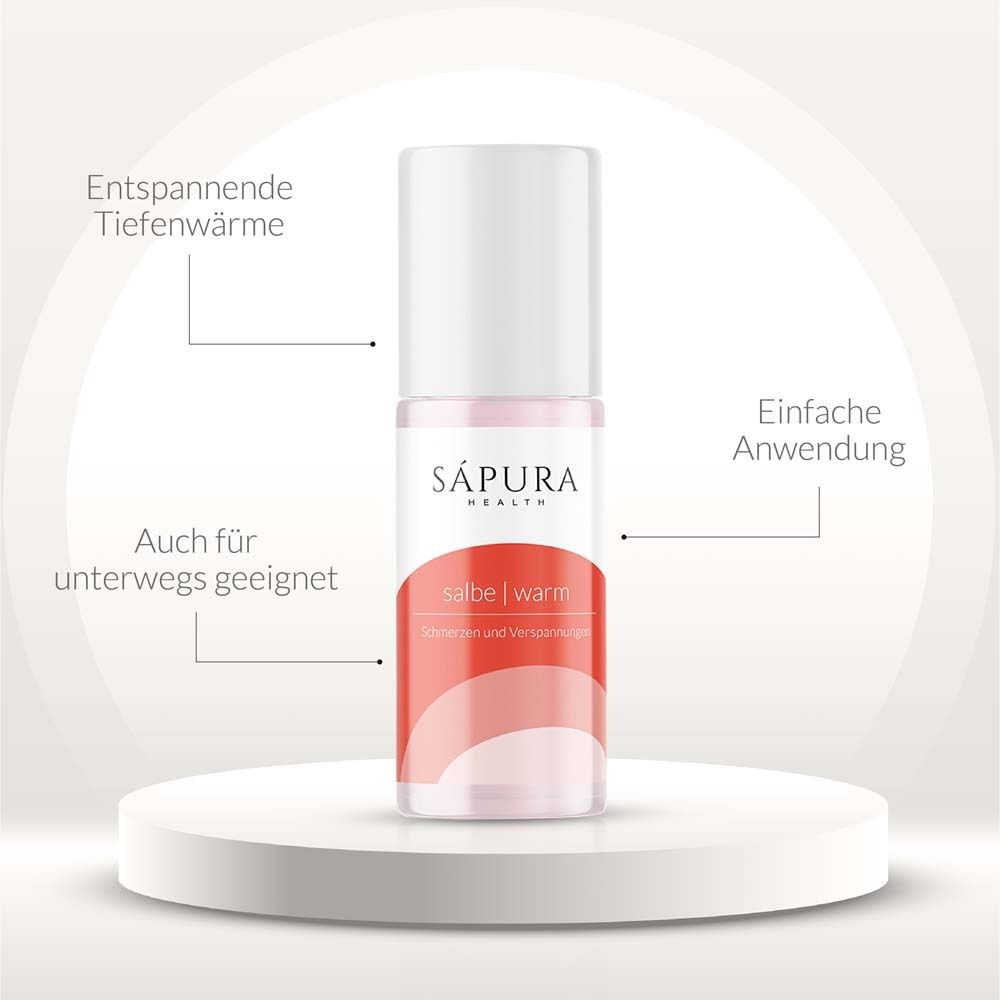 Roll-on-Flasche mit weißem Deckel. Aufschrift: SÁPURA, Wärmesalbe. Text: HotFlux, Arnika, Wintergrün.