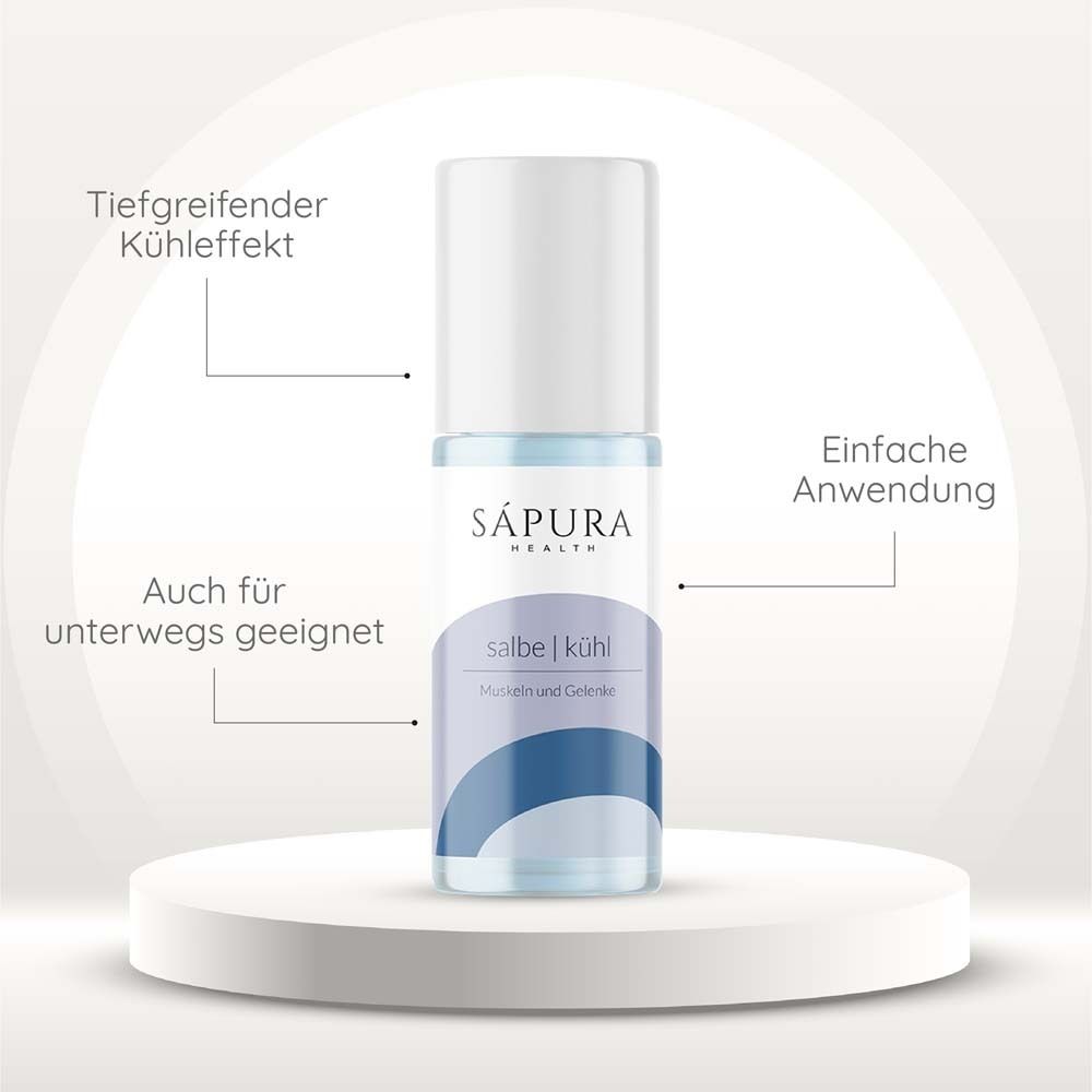 SÁPURA HEALTH Kühlgel Roll-On. Rückseite mit Inhaltsstoffen und Anwendungshinweisen. 50 ml.