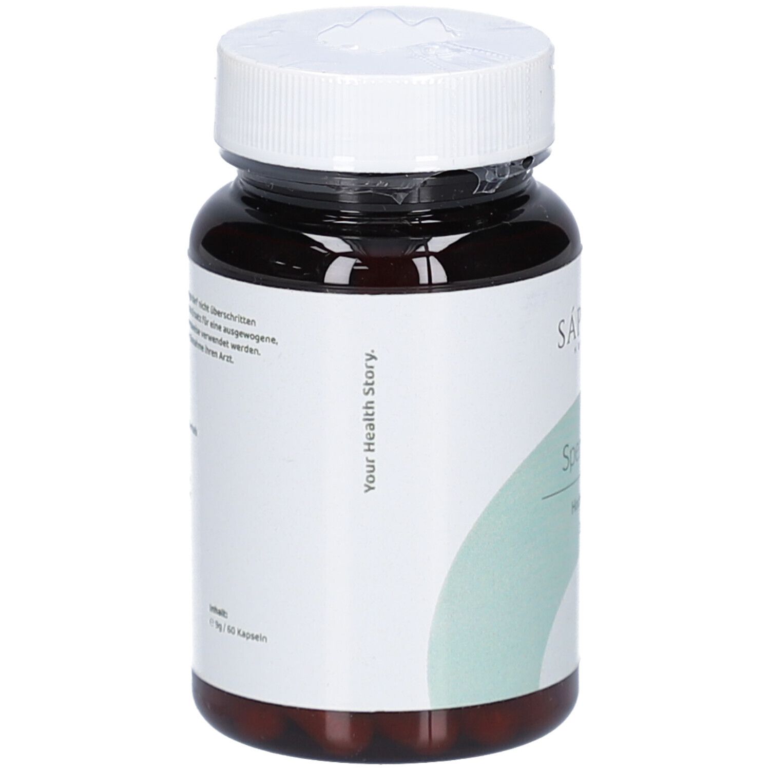 Braune Flasche, Seitenansicht. Etikett mit Text und "Your Health Story".