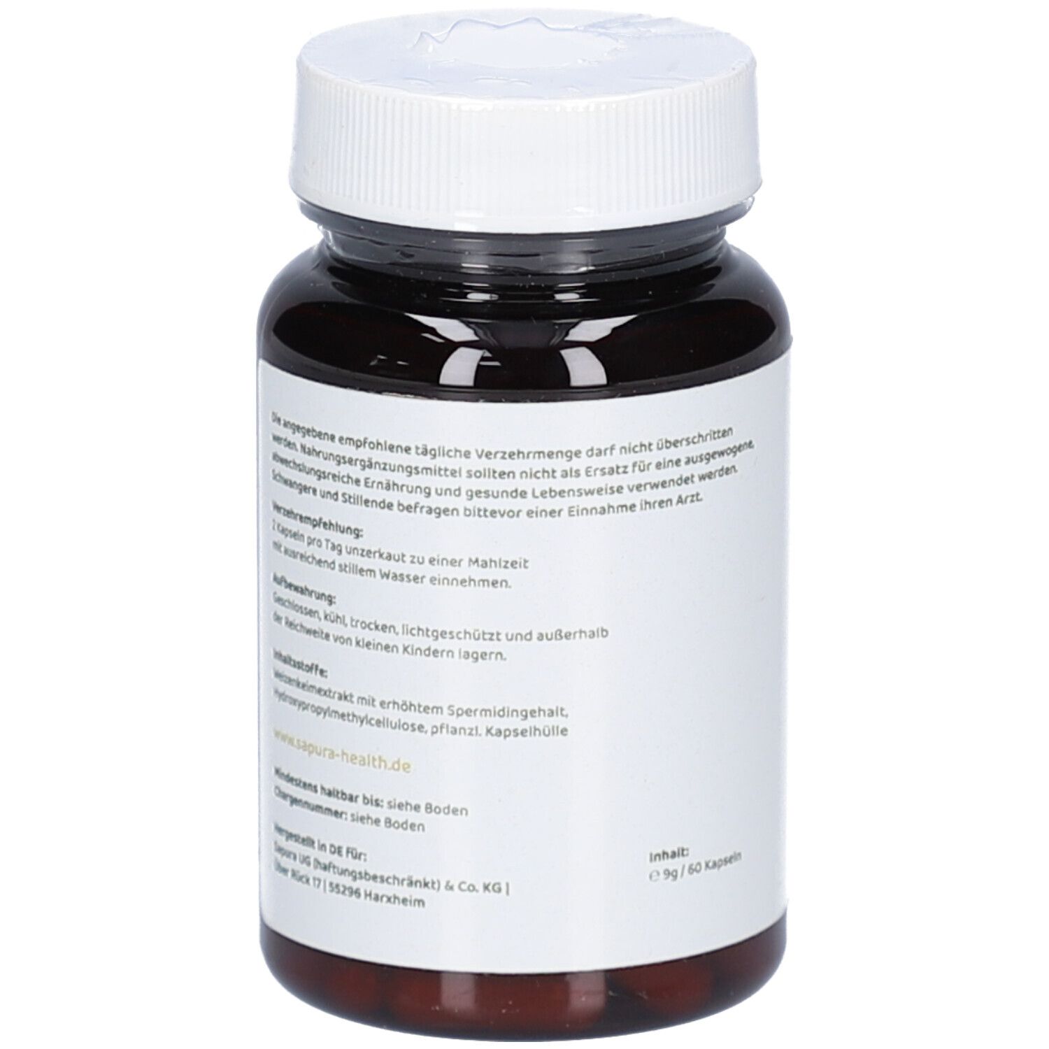 Braune Flasche, Rückseite. Etikett mit Text, Inhaltsstoffe und Herstellerangaben.