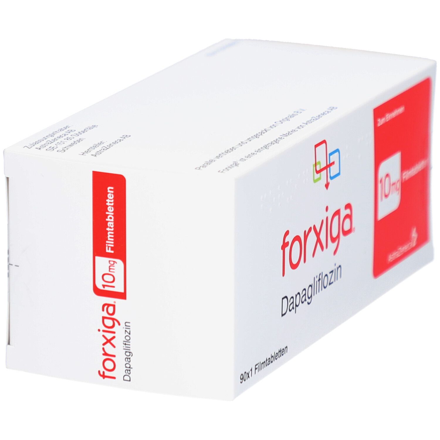 Weiße Schachtel mit rotem Feld. Aufschrift: forxiga, 10mg Filmtabletten, Dapagliflozin. AstraZeneca Logo. Ansicht schräg.