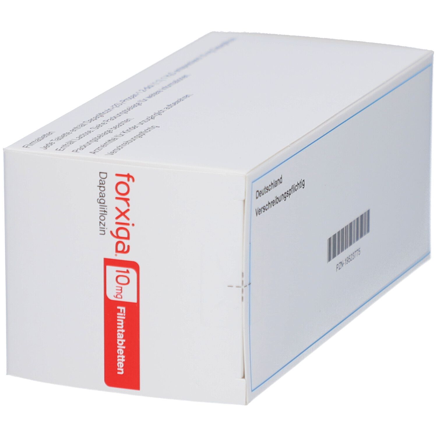 Weiße Schachtel mit Aufschrift: forxiga, 10mg Filmtabletten, Dapagliflozin. Ansicht schräg. Text: Deutschland, Verschreibungspflichtig.