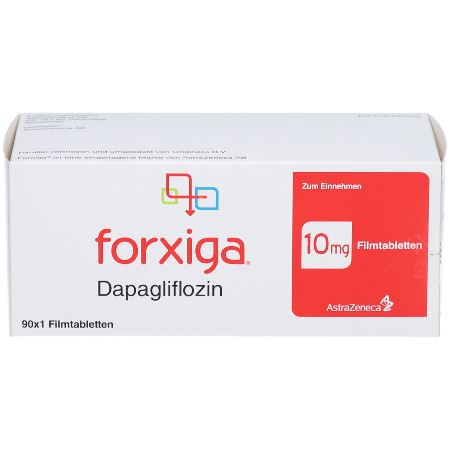Weiße Schachtel mit rotem Feld. Aufschrift: forxiga, 10mg Filmtabletten, Dapagliflozin. AstraZeneca Logo.