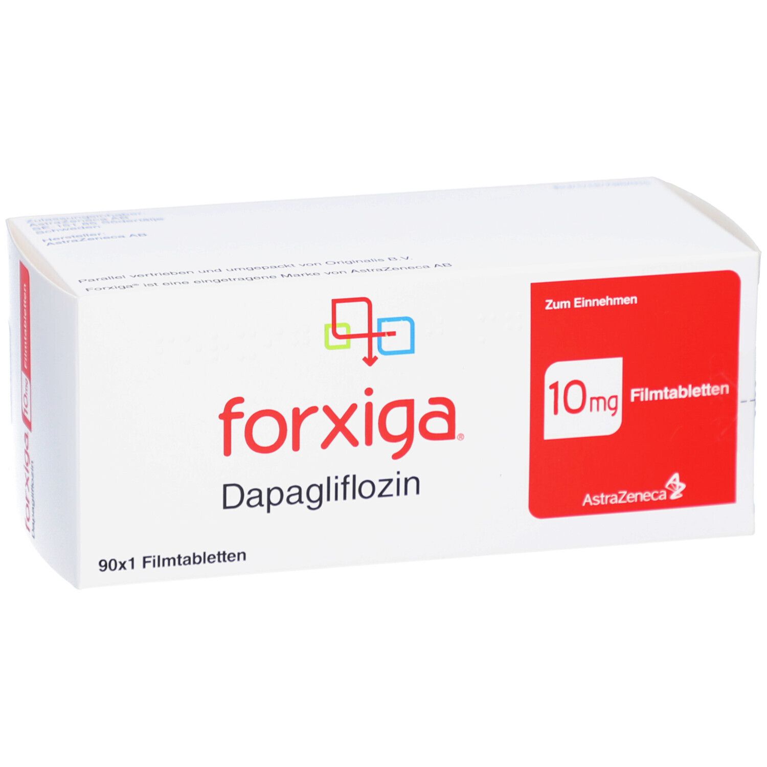 Weiße Schachtel mit rotem Feld. Aufschrift: forxiga, 10mg Filmtabletten, Dapagliflozin. AstraZeneca Logo.