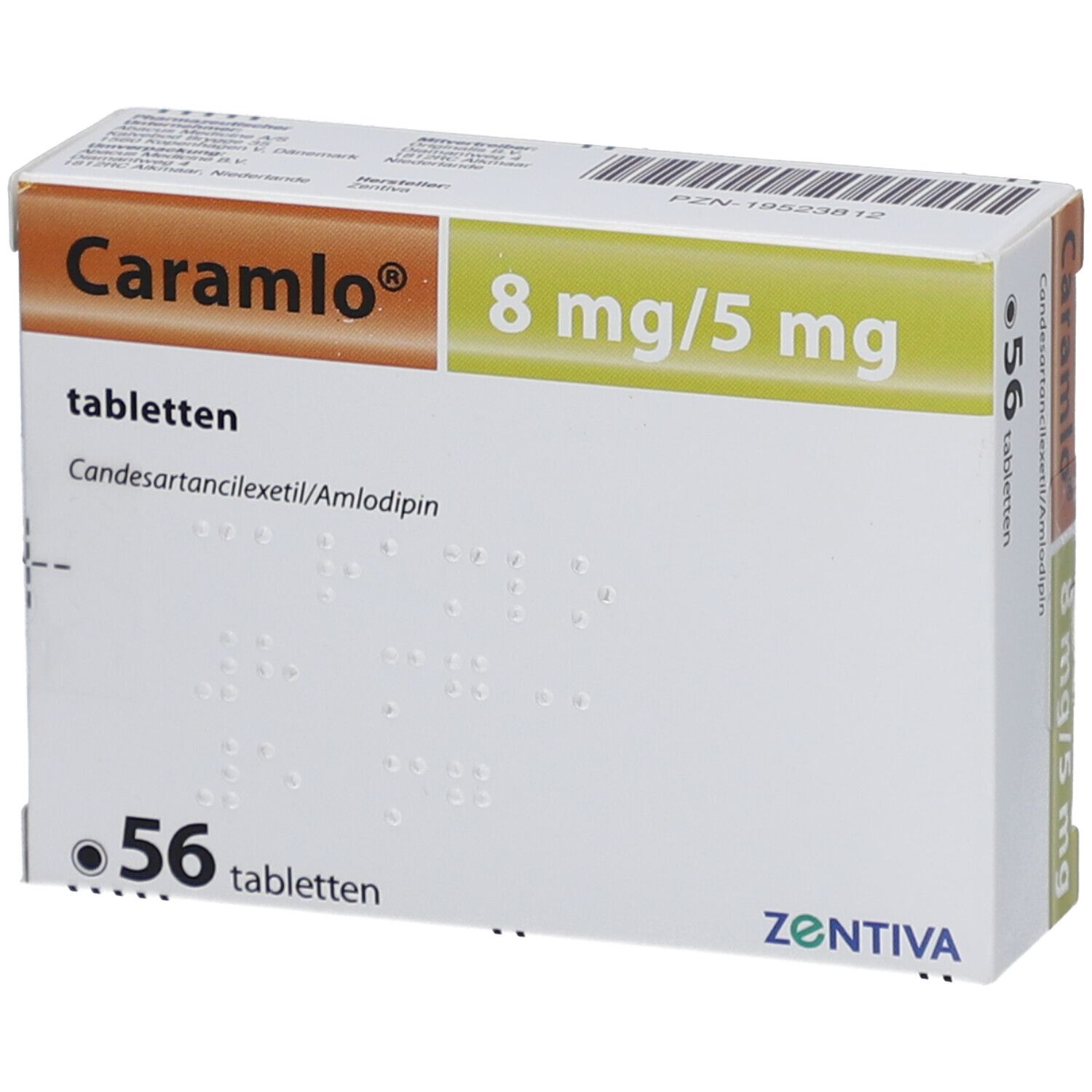 Packung mit "Caramlo" Tabletten, 8 mg/5 mg. Enthält 56 Tabletten. Marke ZENTIVA.
