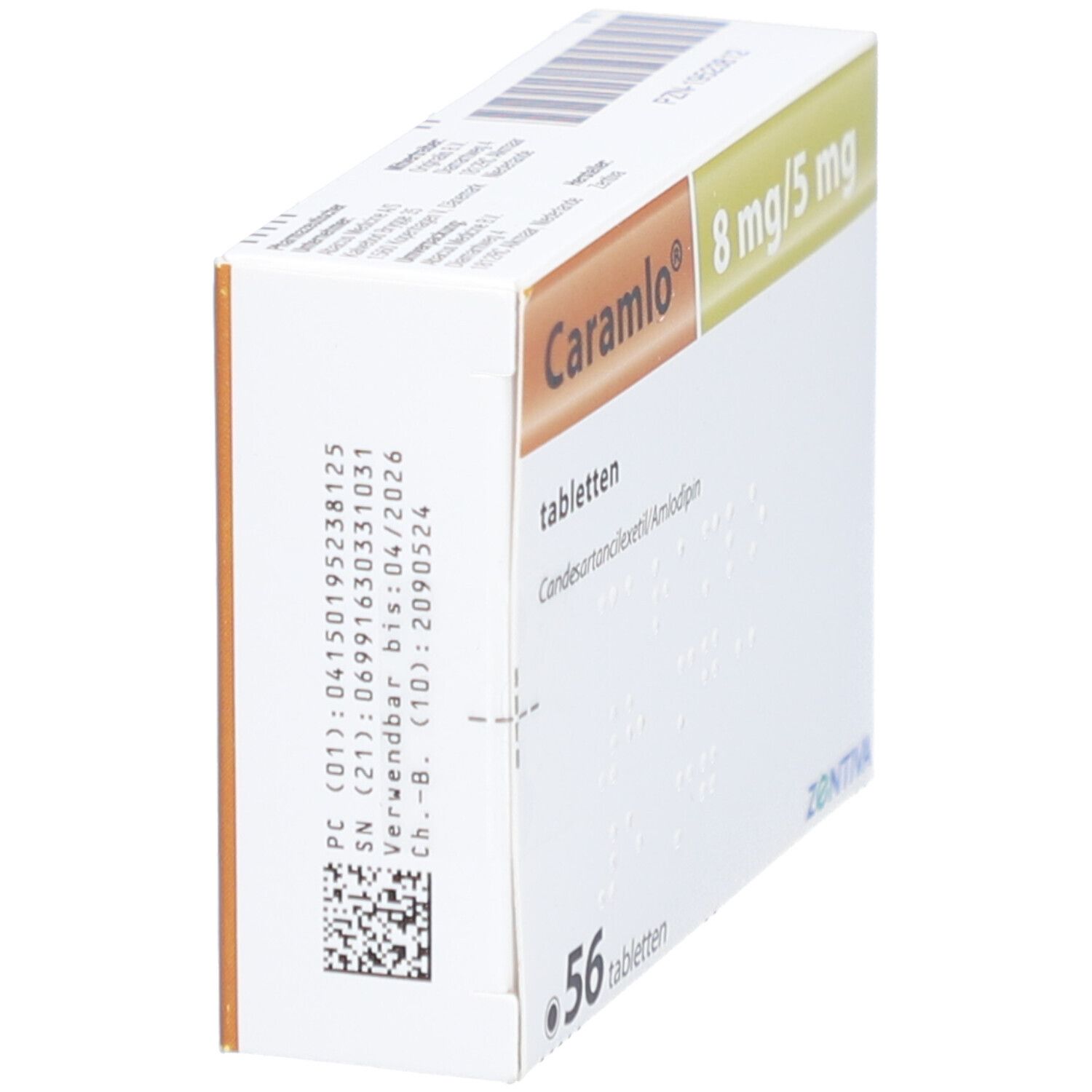 Schräg stehende Packung "Caramlo" Tabletten, 8 mg/5 mg. 56 Tabletten. ZENTIVA.