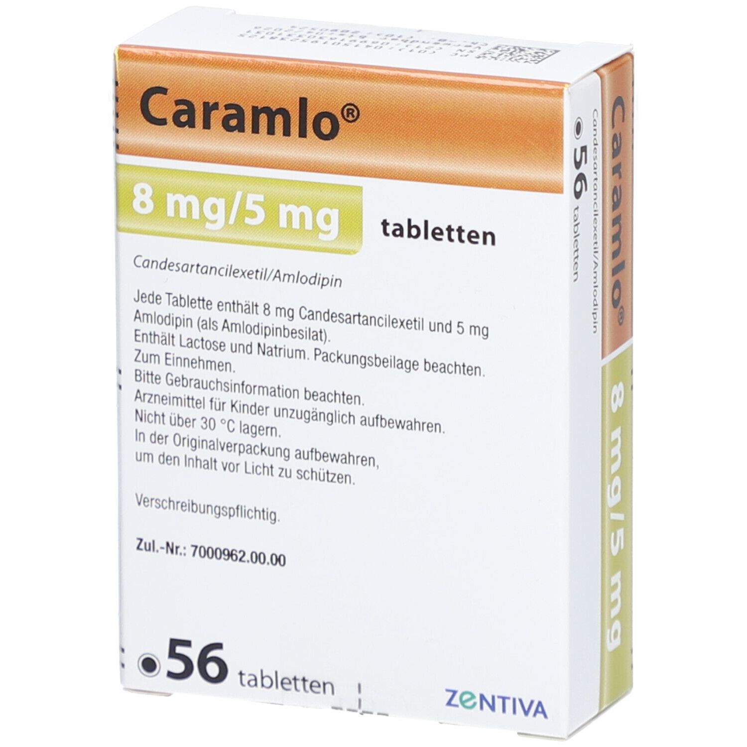 Packung "Caramlo" Tabletten, 8 mg/5 mg, 56 Tabletten. Text mit Inhaltsstoffen. ZENTIVA.