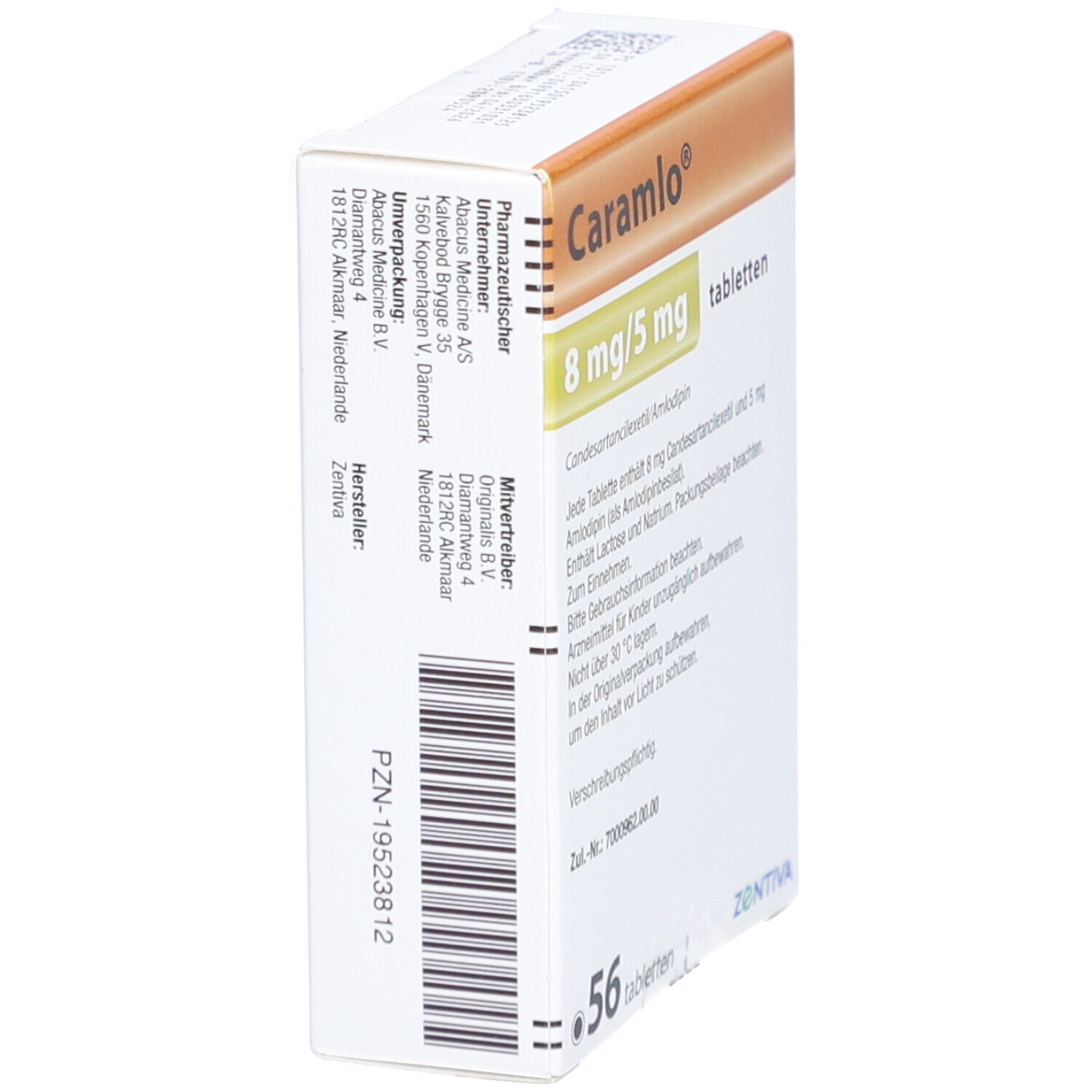 Packung "Caramlo" Tabletten, 8 mg/5 mg, 56 Tabletten. Herstellerinformationen. ZENTIVA.