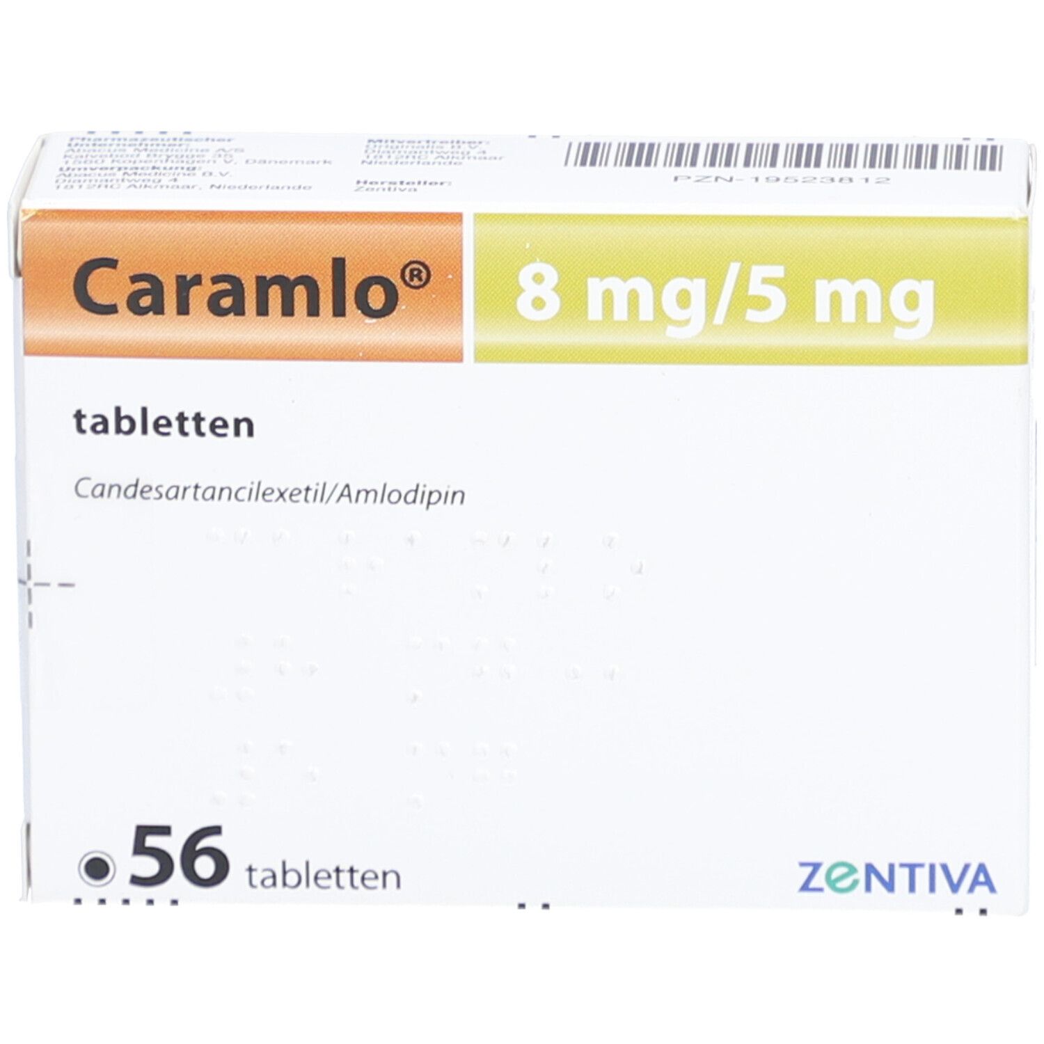 Packung "Caramlo" Tabletten, 8 mg/5 mg, 56 Tabletten. Marke ZENTIVA.
