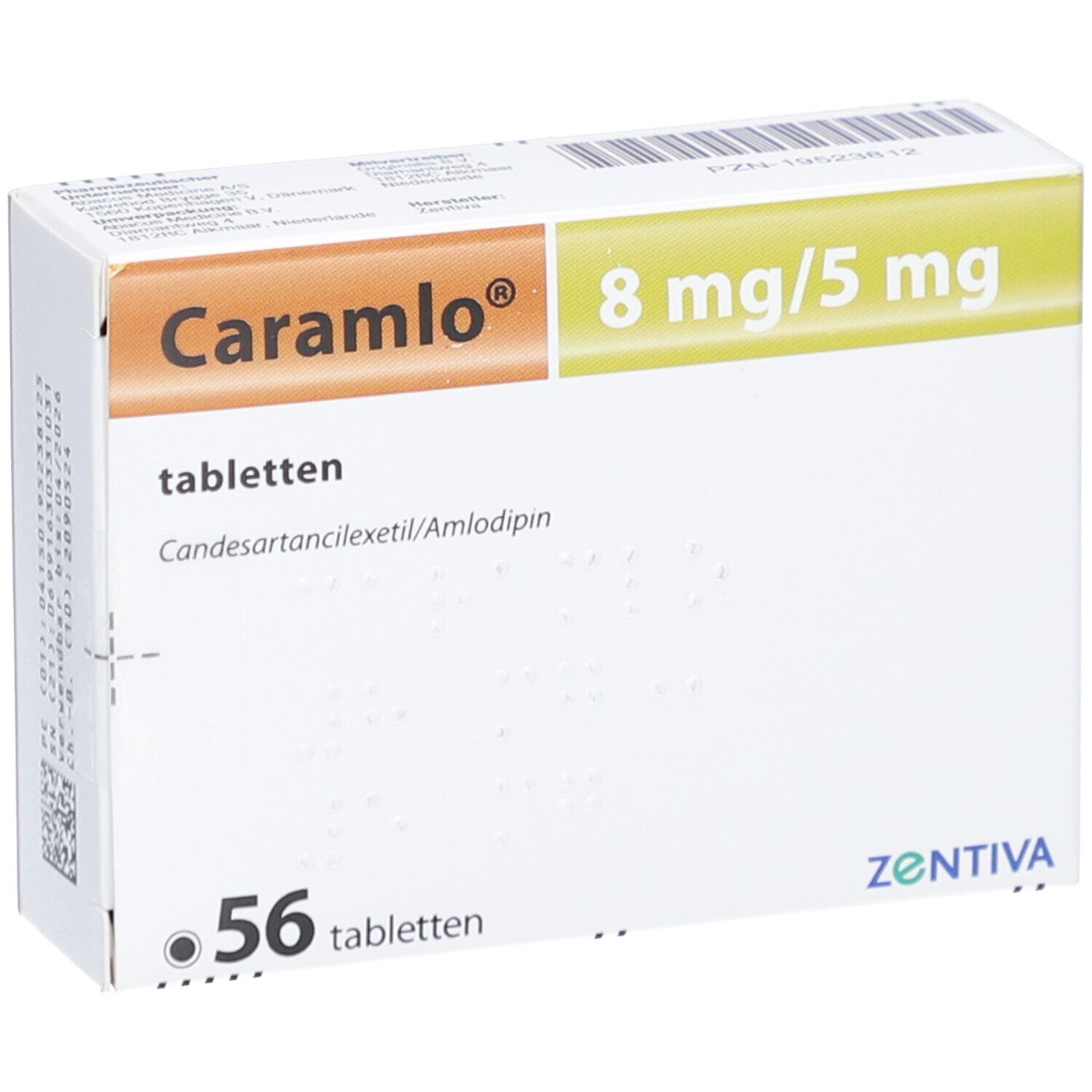 Packung "Caramlo" Tabletten, 8 mg/5 mg, 56 Tabletten. Marke ZENTIVA.