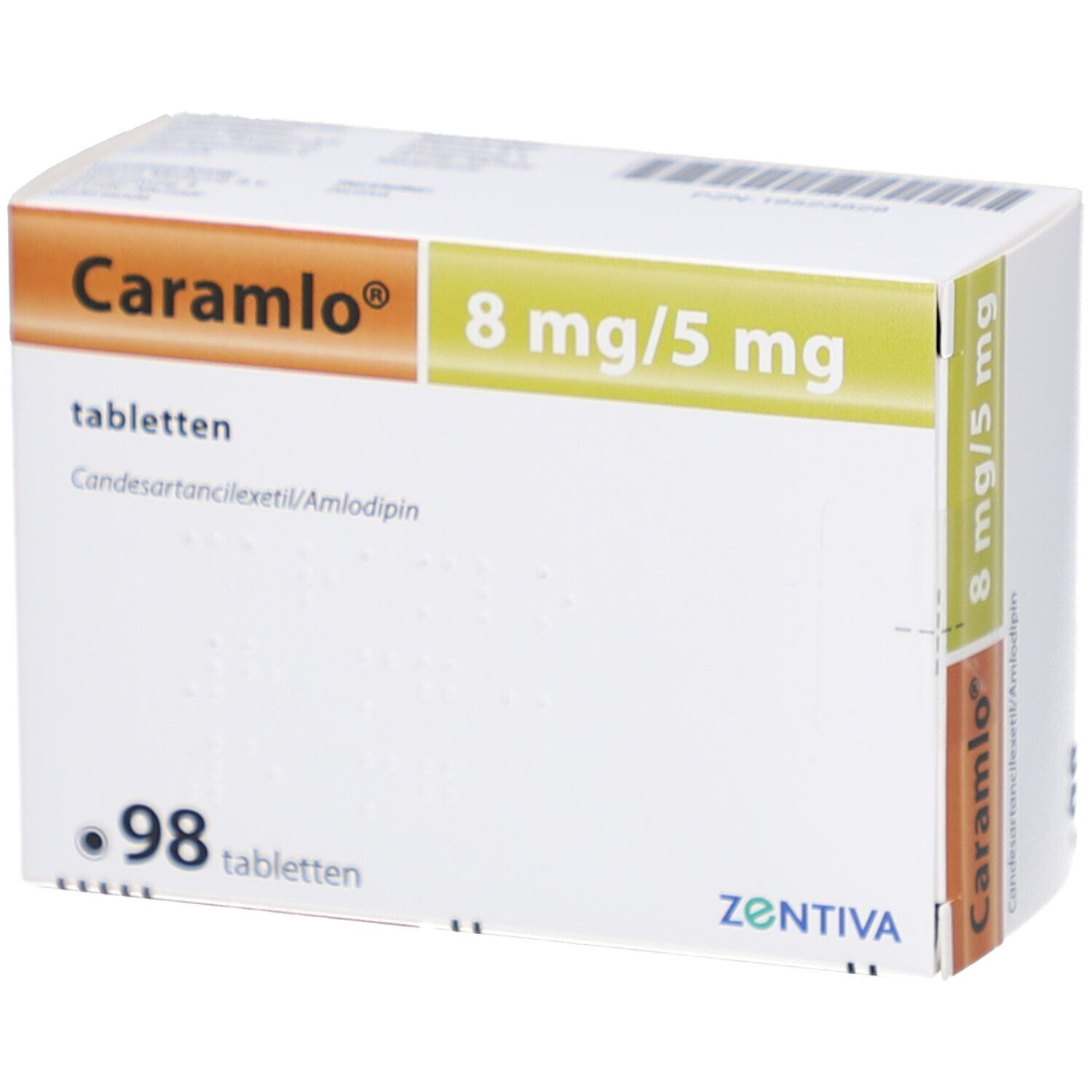 Karton CARAMLO 8 mg/5 mg Tabletten. Enthält 98 Tabletten. Hersteller ZENTIVA. Orange, gelb und weiß.