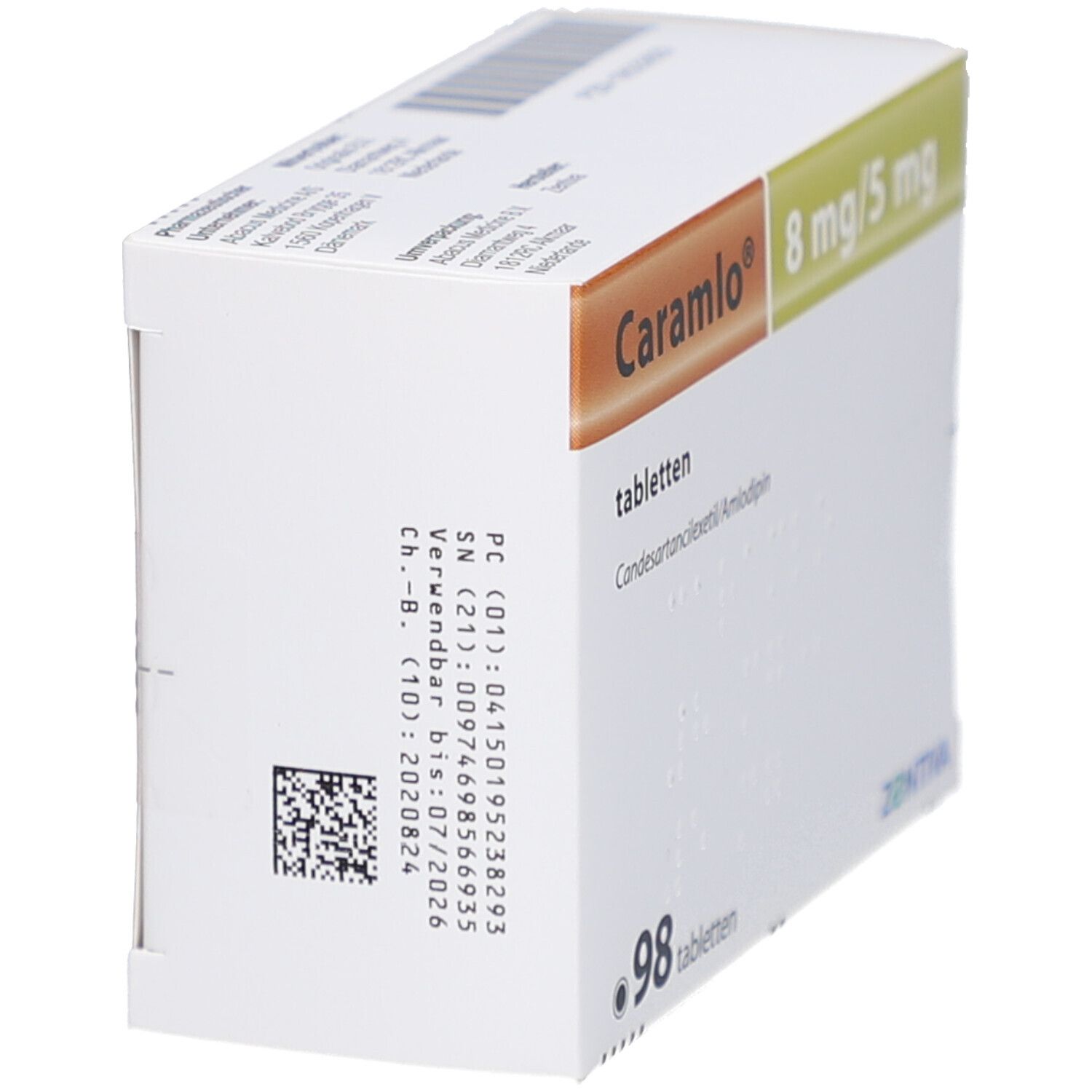 Karton CARAMLO 8 mg/5 mg Tabletten. Rückseite mit Informationen und Barcode. Hersteller ZENTIVA.