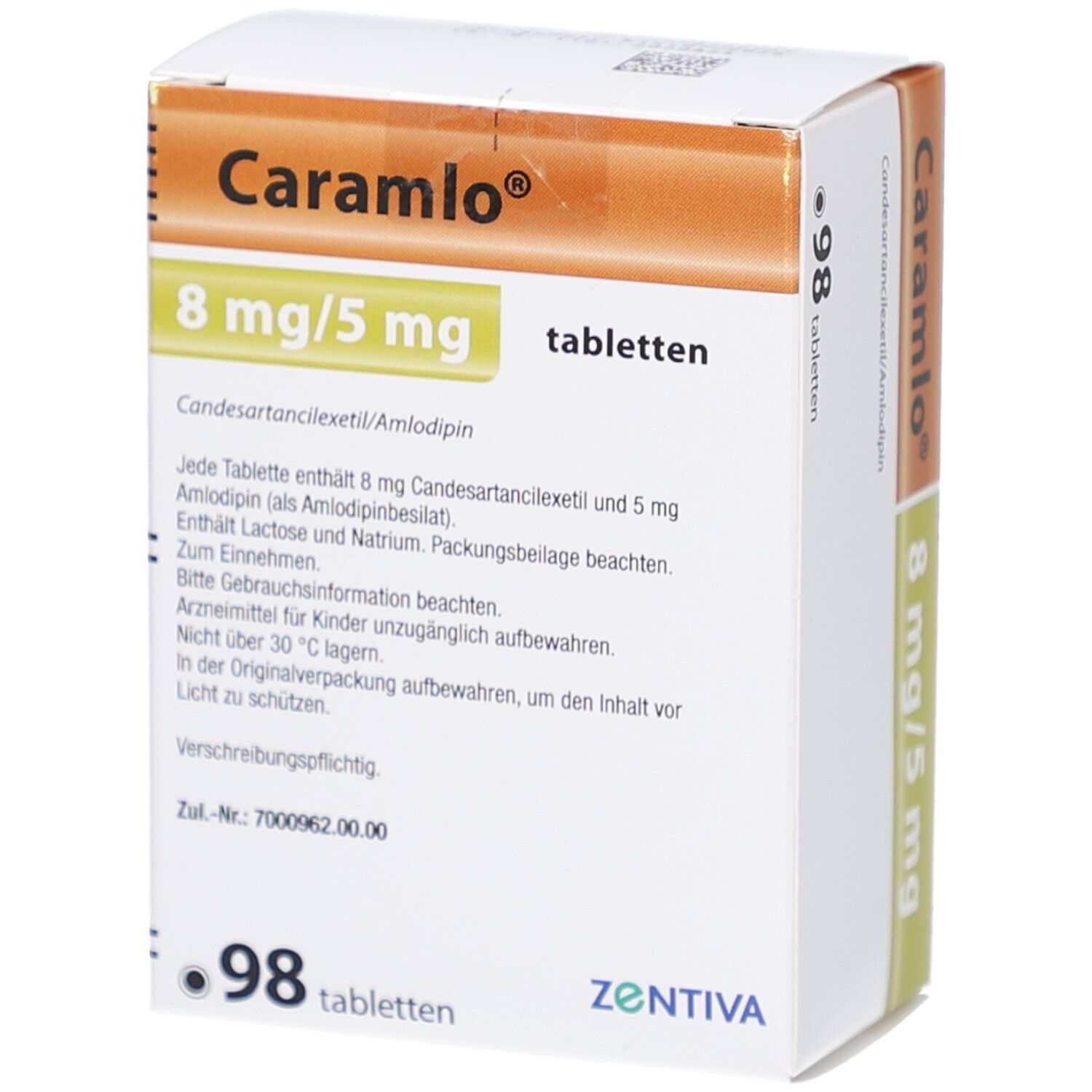 Karton CARAMLO 8 mg/5 mg Tabletten. Enthält 98 Tabletten. Hersteller ZENTIVA. Text mit Inhaltsstoffen und Dosierung.