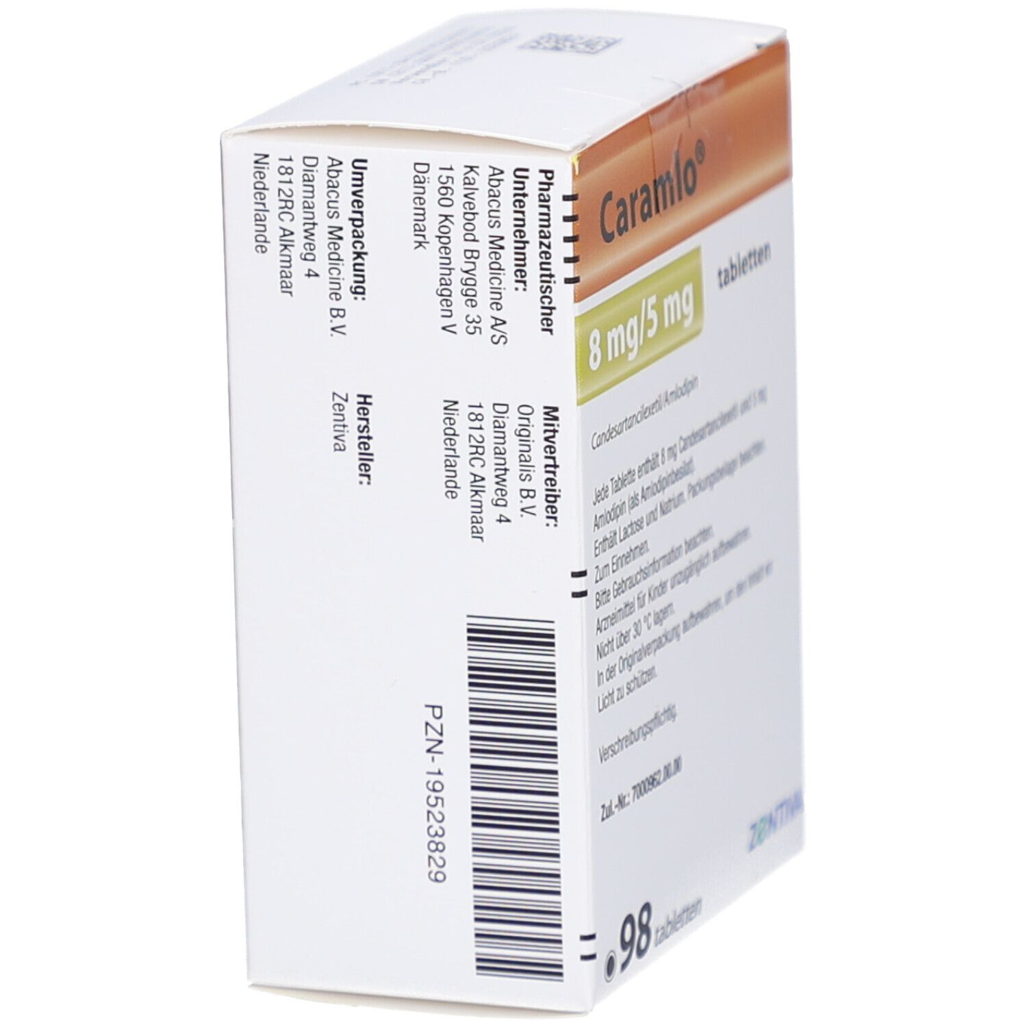 Karton CARAMLO 8 mg/5 mg Tabletten. Seite mit Hersteller- und Kontaktinformationen. Barcode. ZENTIVA.