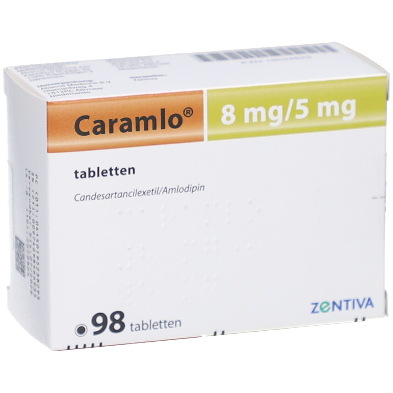 Karton CARAMLO 8 mg/5 mg Tabletten. Enthält 98 Tabletten. Hersteller ZENTIVA. Weiß, orange und gelb.