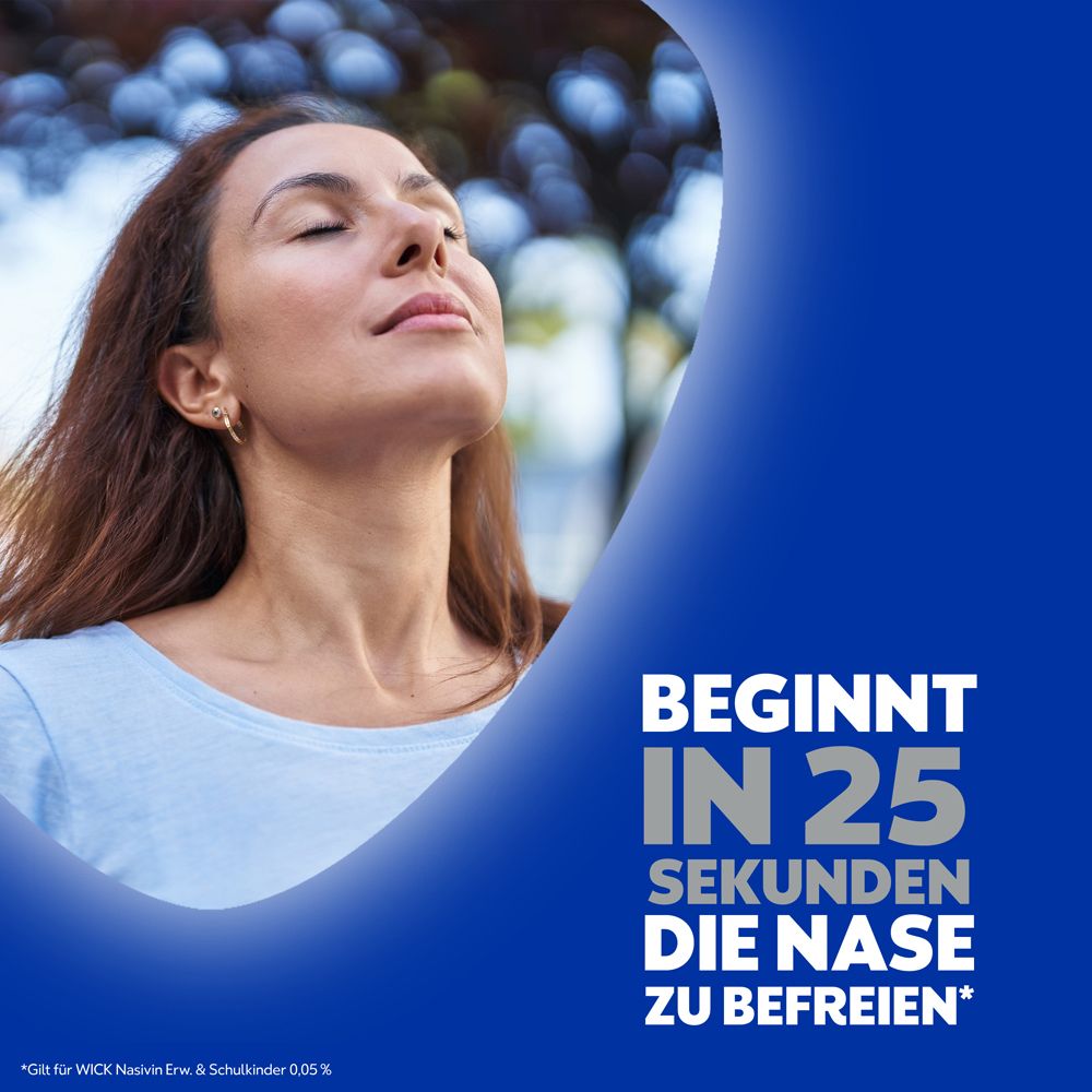 Frau atmet ein. Text: Beginnt in 25 Sekunden die Nase zu befreien. Blauer Hintergrund mit weißem Text und einem blauen Element.