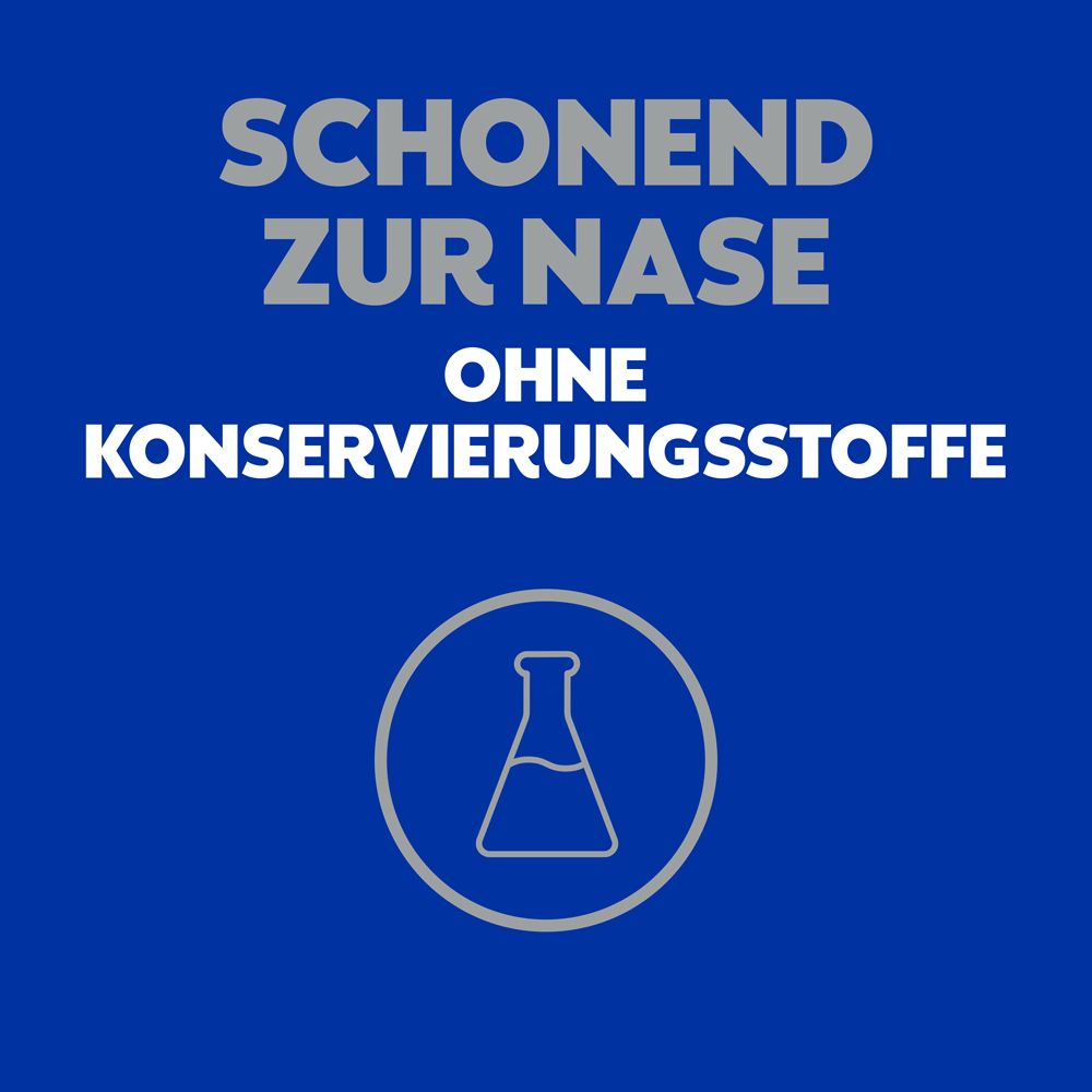 Becherglas-Symbol. Text: Schonend zur Nase ohne Konservierungsstoffe. Blauer Hintergrund mit weißem Text und Symbol.